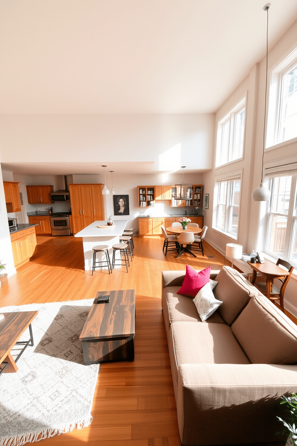 A cozy townhouse apartment featuring an open-concept living space with warm wooden floors and soft beige walls. The living area includes a plush sectional sofa adorned with colorful throw pillows, a rustic coffee table, and a stylish area rug that ties the room together. Adjacent to the living area, a modern kitchen boasts warm wood cabinetry and a sleek island with bar stools. Natural light floods the space through large windows, highlighting the inviting dining area with a wooden table surrounded by comfortable chairs.