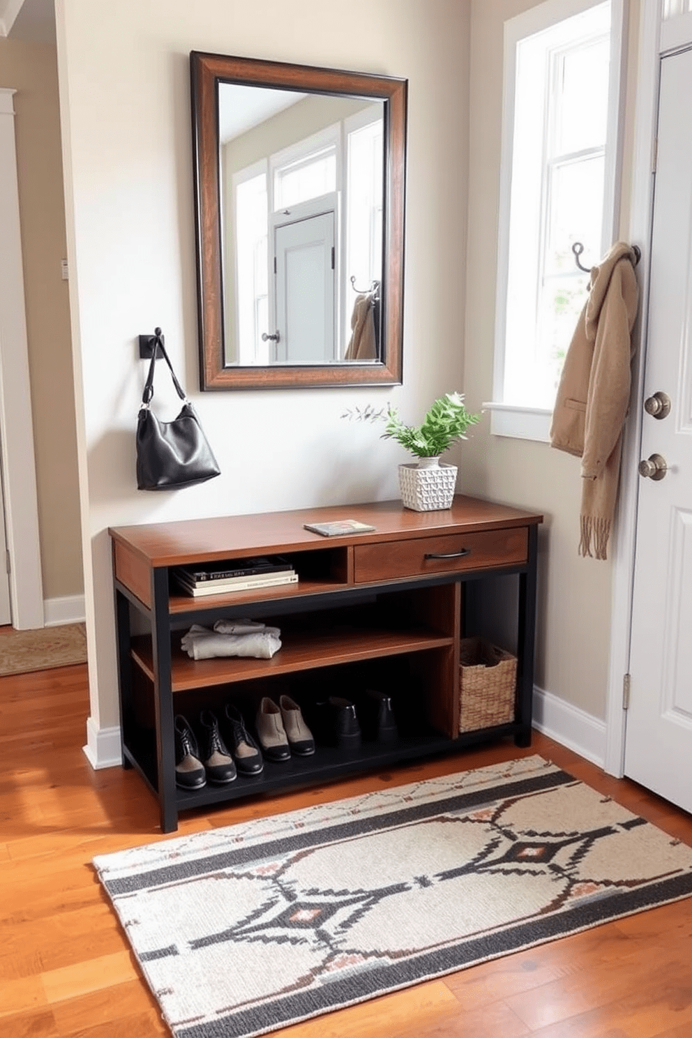 A functional entryway features a sleek console table with a built-in shoe rack underneath. The walls are adorned with hooks for coats and bags, and a large mirror reflects natural light from a nearby window. Warm wood tones are complemented by a neutral color palette, creating an inviting atmosphere. A stylish area rug adds texture and defines the space, while decorative baskets provide additional storage for small items.