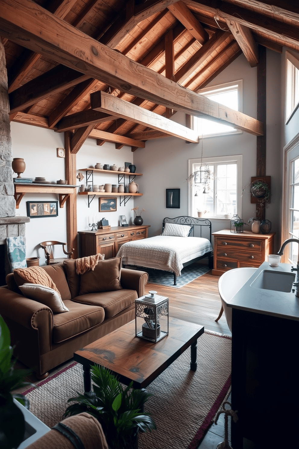 A cozy townhouse apartment featuring natural wood beams and a stone fireplace. The living area is adorned with a plush, earthy-toned sofa and a reclaimed wood coffee table. The kitchen showcases open shelving made from reclaimed wood, with rustic ceramic dishware neatly arranged. A farmhouse sink sits beneath a window that allows natural light to flood the space. The bedroom includes a wrought iron bed frame dressed in soft linens and a chunky knit throw. A vintage dresser made from reclaimed wood complements the overall rustic aesthetic. The bathroom is designed with a freestanding tub surrounded by natural stone tiles and a wooden vanity. Potted plants add a touch of greenery, enhancing the organic atmosphere throughout the apartment.