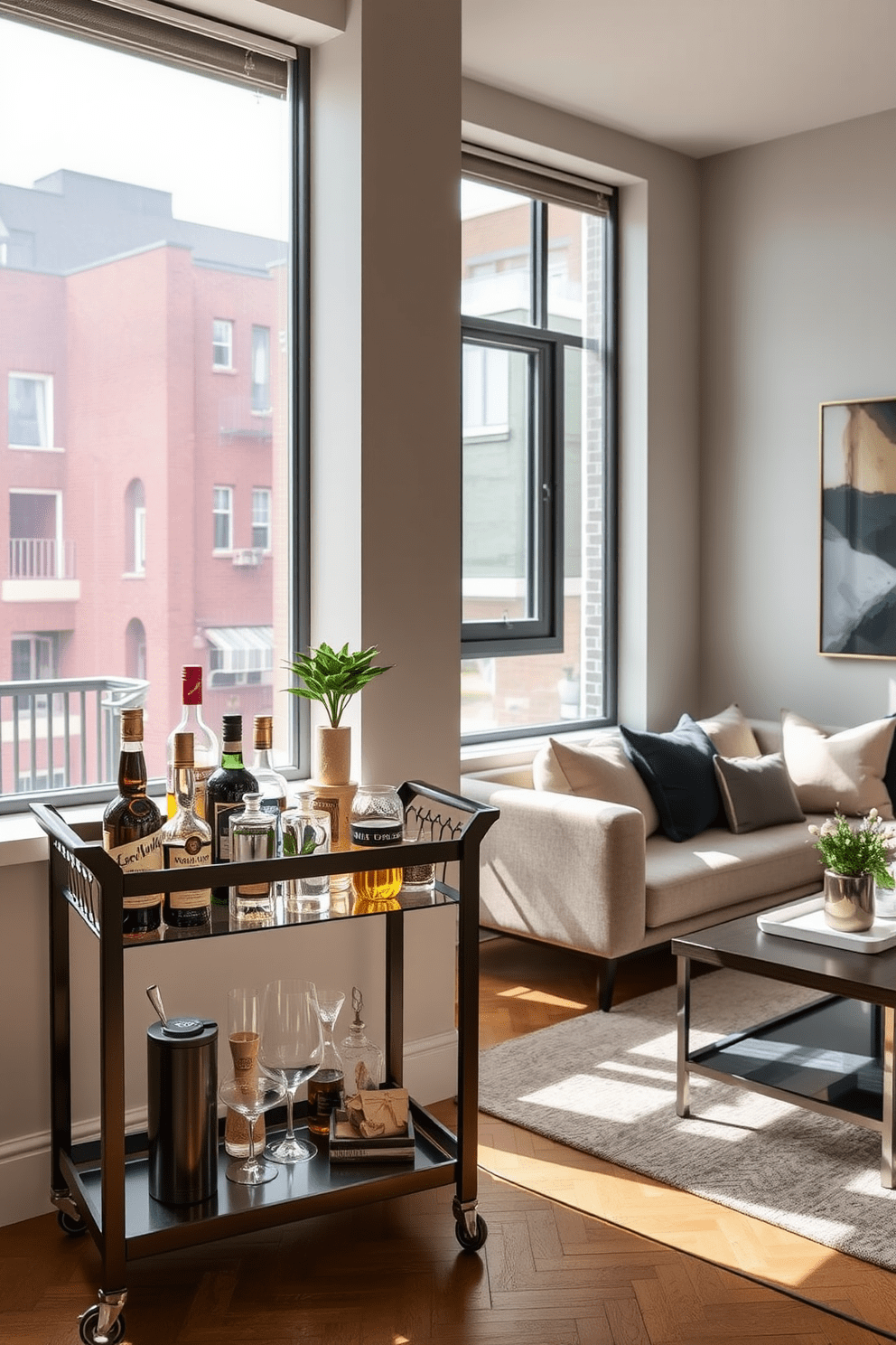 A stylish townhouse apartment design featuring a chic living area with a sleek bar cart positioned in the corner. The bar cart is adorned with an array of premium spirits, elegant glassware, and a small decorative plant, creating a perfect space for entertaining guests. The living room boasts a cozy seating arrangement with a plush sectional sofa and a statement coffee table. Large windows allow natural light to flood the space, highlighting the warm color palette and modern artwork on the walls.