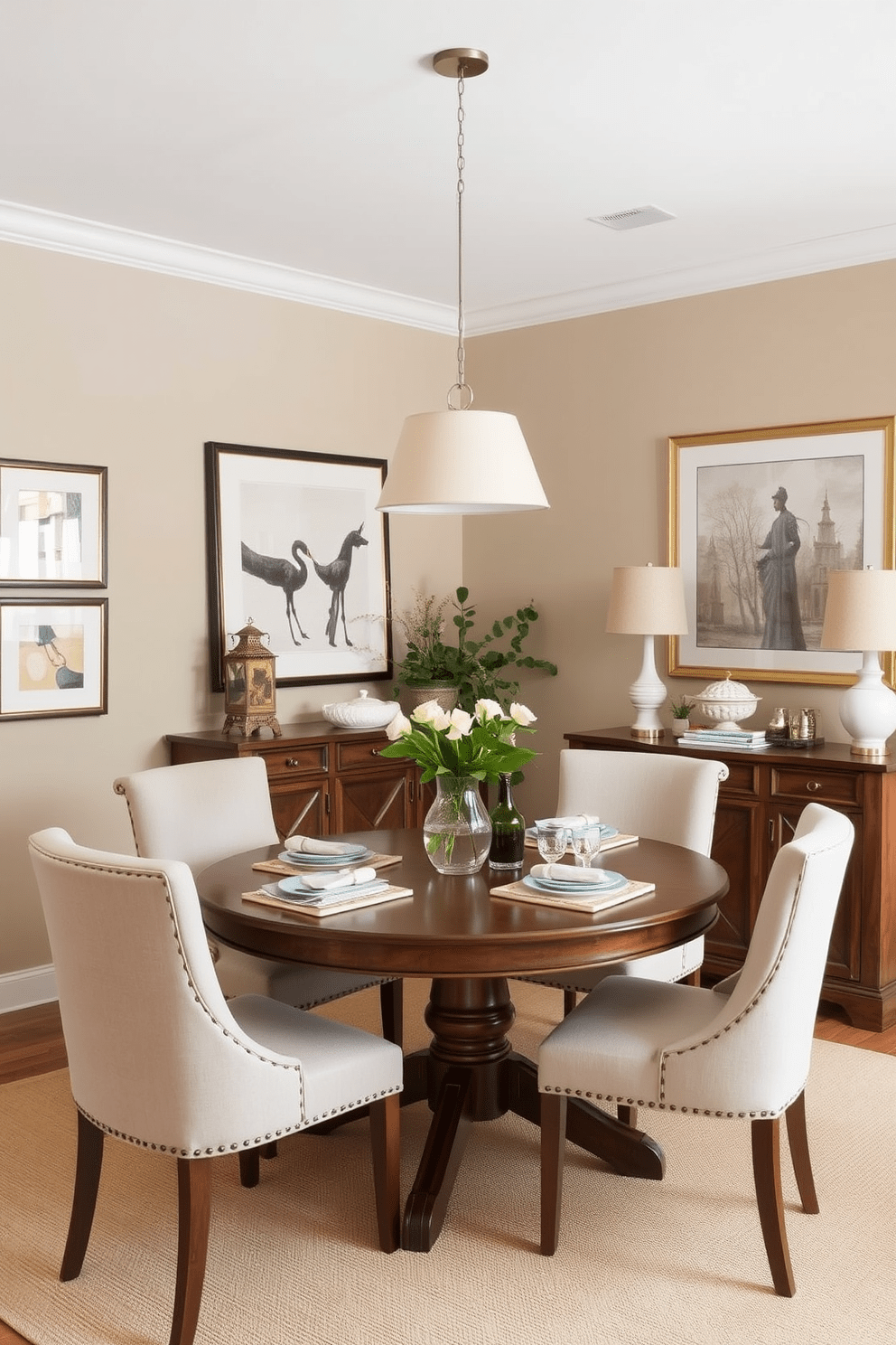 Create a cozy dining area that features a round wooden table surrounded by upholstered chairs in soft neutral tones. The walls are painted a warm beige and adorned with framed artwork that adds character to the space. In one corner, a stylish sideboard holds elegant dinnerware and decorative items. Soft pendant lighting hangs above the table, casting a warm glow that enhances the inviting atmosphere.