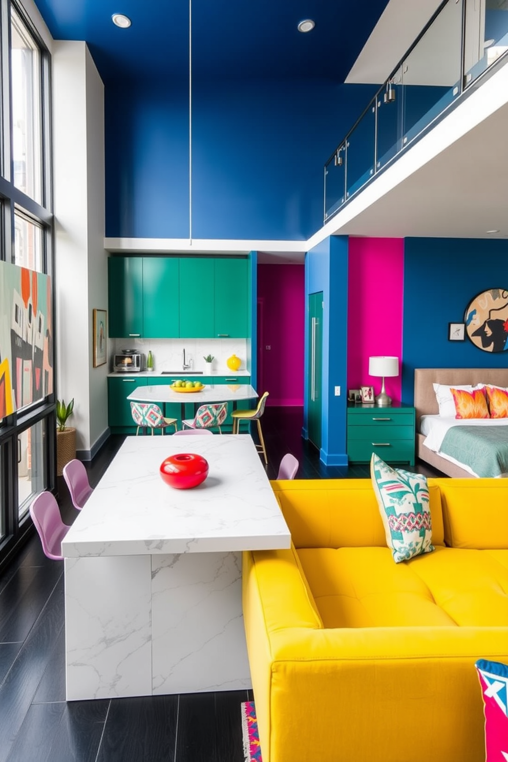 A vibrant townhouse apartment featuring bold colors and modern furnishings. The living room showcases a deep blue accent wall adorned with abstract art, complemented by a bright yellow sofa and geometric patterned throw pillows. In the kitchen, sleek cabinetry in a rich emerald green contrasts with a white marble island topped with colorful bar stools. The dining area includes a round table with a striking red centerpiece and stylish chairs that add a playful touch to the space. The bedroom is designed with a dramatic fuchsia feature wall, paired with neutral bedding and colorful accent pillows. Large windows allow natural light to flood the room, highlighting the eclectic decor and vibrant area rug.