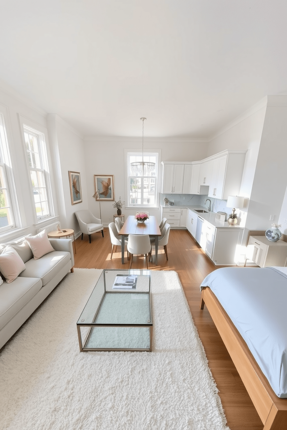 A bright and airy townhouse apartment featuring an open-concept living space. The walls are painted in soft white, and large windows allow natural light to flood the room. The living area includes a light gray sectional sofa adorned with pastel-colored throw pillows. A glass coffee table sits atop a plush cream area rug, creating a cozy focal point. In the dining area, a sleek wooden table is surrounded by upholstered chairs in light beige. A modern chandelier hangs above, adding a touch of elegance to the space. The kitchen showcases white cabinetry with brass hardware and a marble backsplash. Light-colored countertops complement the overall bright aesthetic, making the space inviting and functional. A serene bedroom features a king-sized bed with a soft blue duvet and white accent pillows. Light wood nightstands flank the bed, each topped with a stylish lamp for a warm glow.