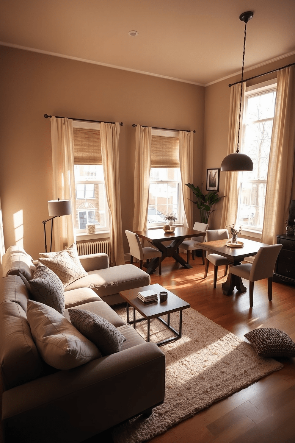 A cozy townhouse apartment featuring a warm color palette. The living area includes a plush sectional sofa adorned with textured throw pillows and a soft area rug. The dining space showcases a wooden table surrounded by upholstered chairs for added comfort. Large windows draped with light-filtering curtains allow natural light to fill the room, enhancing the inviting atmosphere.