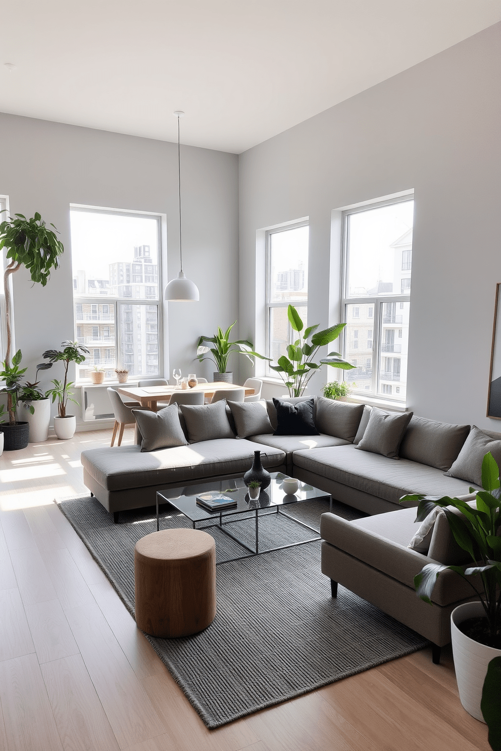 A modern townhouse apartment featuring an open-concept living area with large windows that allow natural light to flood the space. The walls are painted in a soft gray tone, and a plush sectional sofa in a neutral fabric is positioned around a sleek glass coffee table. A stylish dining area with a wooden table surrounded by upholstered chairs sits adjacent to the living space. Potted plants are strategically placed throughout the apartment, bringing a touch of nature and freshness to the urban setting.