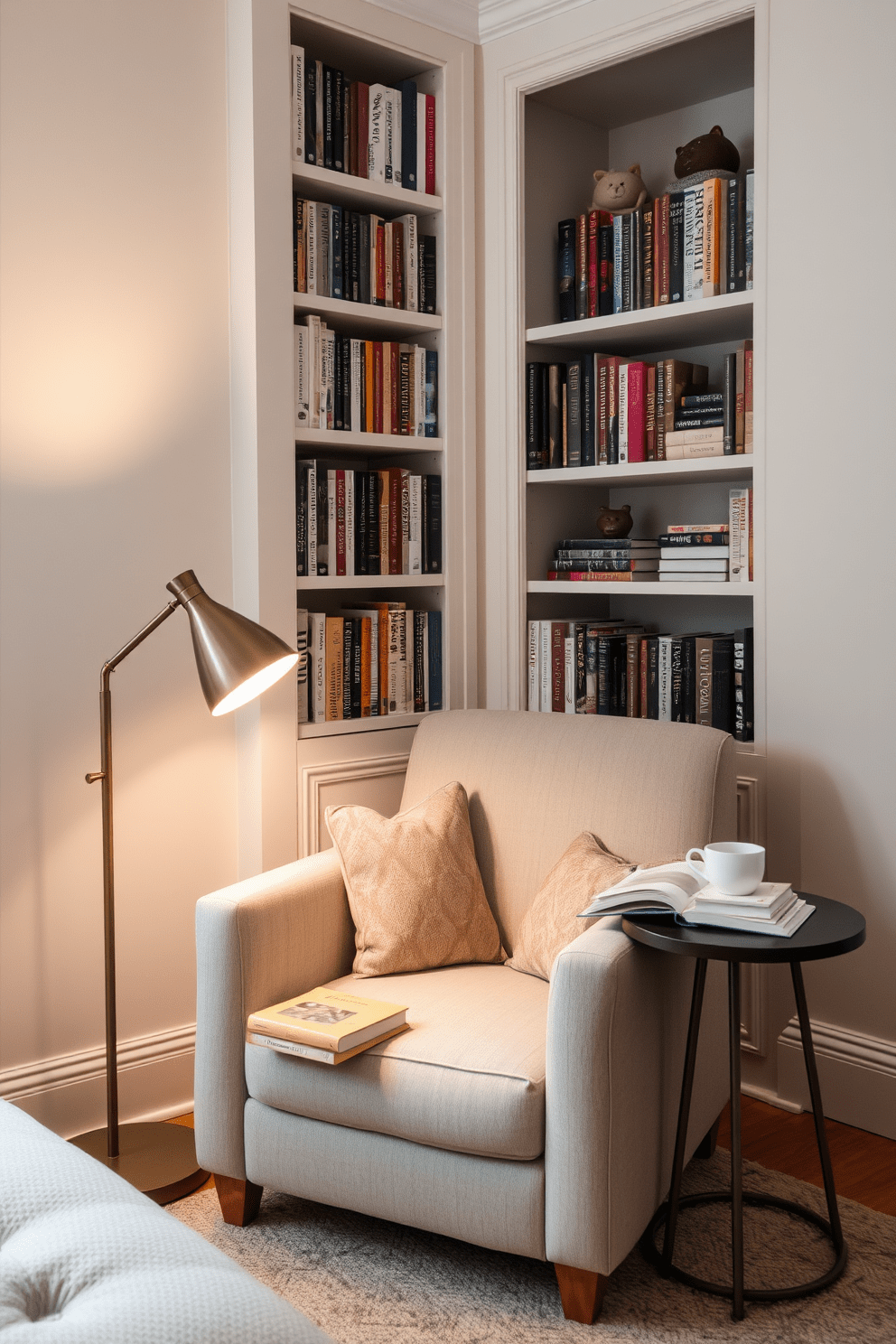 Create a cozy reading nook with a plush armchair upholstered in soft fabric nestled in the corner of a townhouse apartment. A stylish floor lamp with a warm glow stands beside the chair, illuminating a small side table stacked with books and a steaming cup of tea. Incorporate a built-in bookshelf that stretches from floor to ceiling, filled with a curated selection of novels and decorative items. Soft, neutral colors on the walls create a calming atmosphere, while a textured area rug adds warmth underfoot.