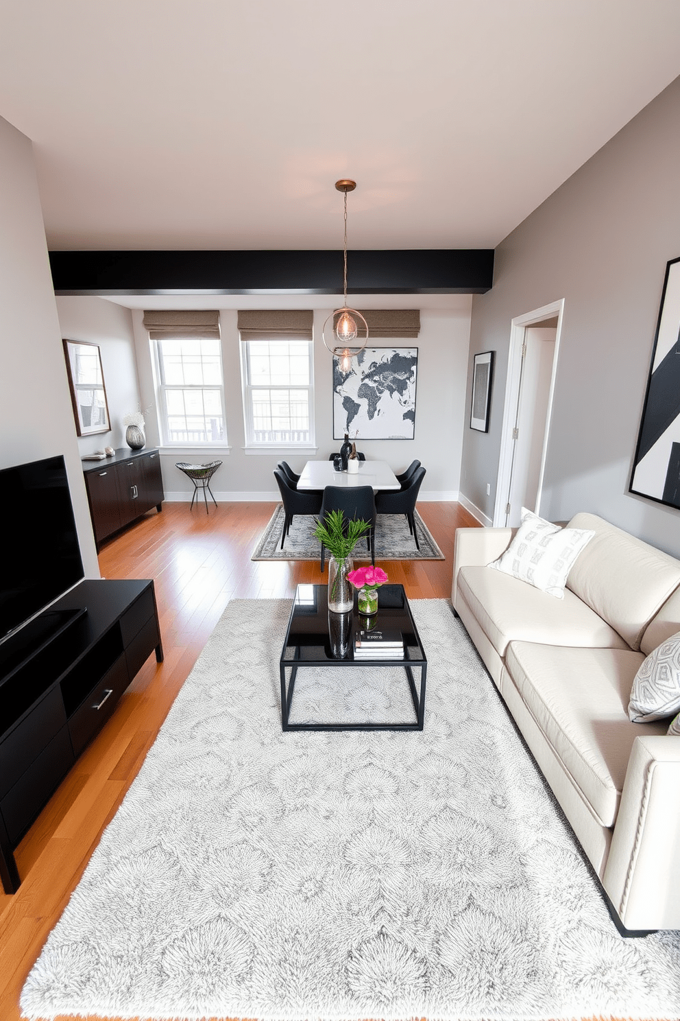 A stylish townhouse apartment featuring a cozy living area with a plush area rug that defines the seating zone. The rug is layered over hardwood flooring, complementing the modern furniture arrangement with a sleek sofa and contemporary coffee table. In the dining area, a large area rug anchors the dining table, creating a warm and inviting atmosphere. The rug's pattern adds a touch of personality, while pendant lighting above enhances the overall elegance of the space.