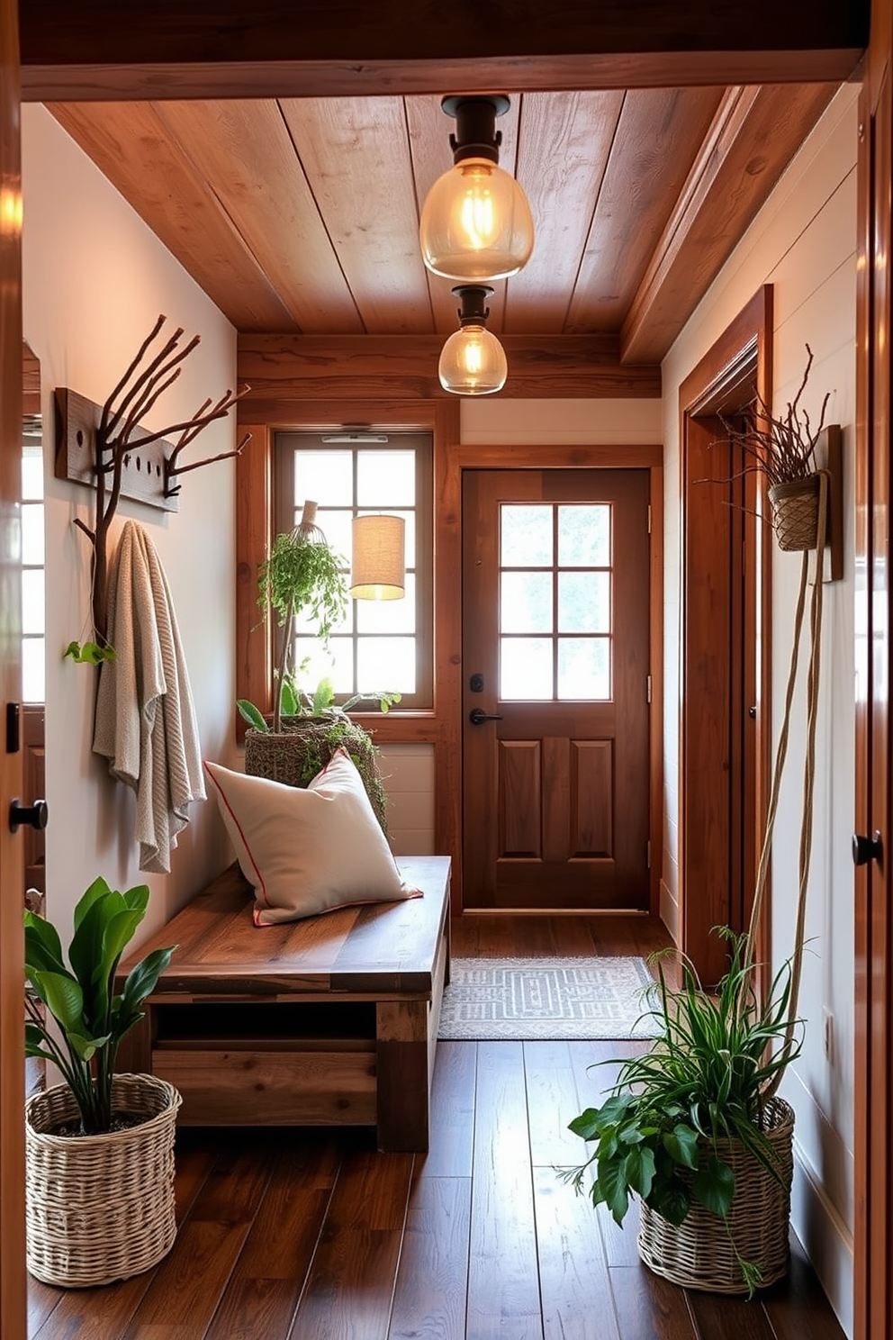 A cozy townhouse entryway featuring natural wood elements that create a rustic feel. The space includes a reclaimed wood bench with a soft cushion, complemented by a vintage coat rack made from branches. Warm lighting fixtures hang from the ceiling, casting a soft glow on the wooden floorboards. Potted plants in woven baskets add a touch of greenery, enhancing the inviting atmosphere of the entryway.