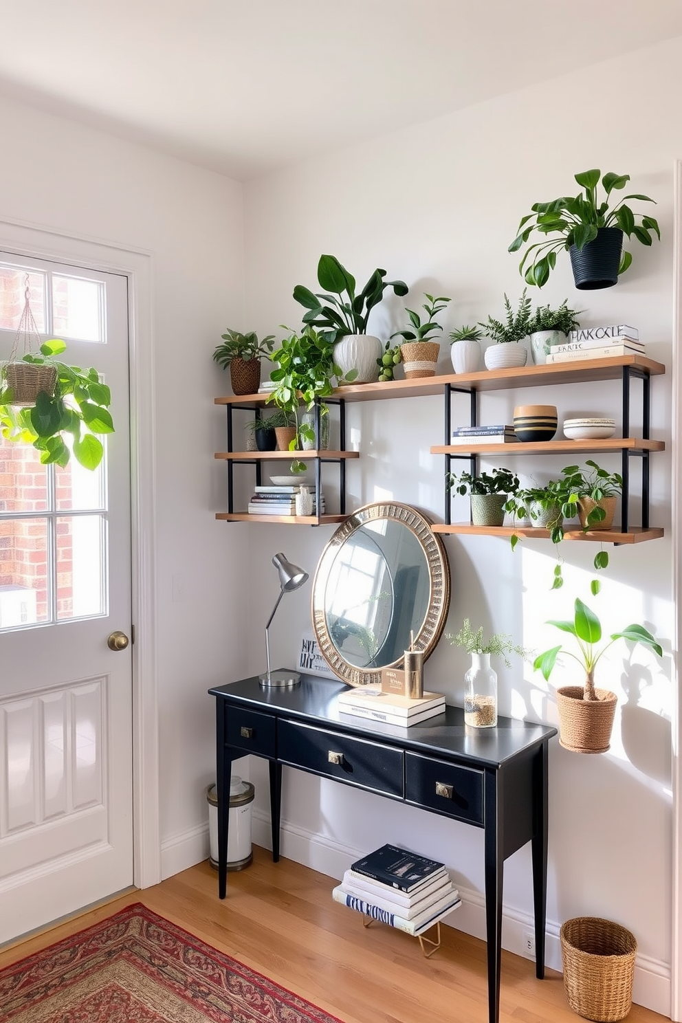 Open shelving is installed on the walls of the townhouse entryway, showcasing an array of vibrant plants and curated decorative items. The space is illuminated by natural light streaming in through a nearby window, creating a welcoming atmosphere. A stylish console table sits beneath the shelves, adorned with a decorative mirror and a few carefully placed books. The walls are painted in a soft neutral tone, enhancing the overall brightness and charm of the entryway.