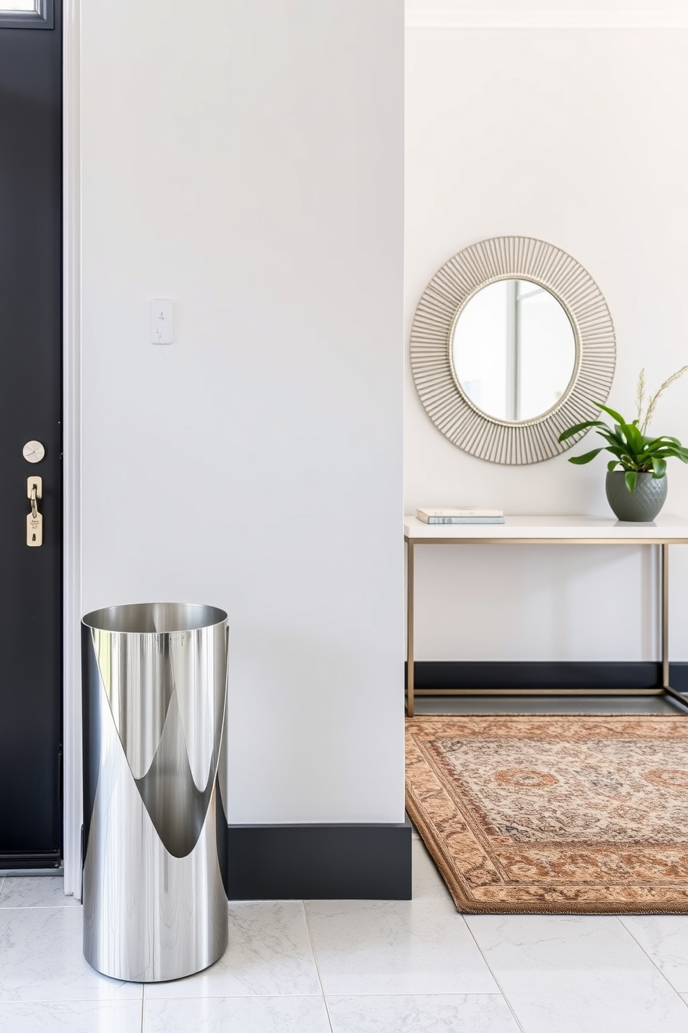 A stylish umbrella stand made of polished metal is positioned near the entryway, complementing the modern aesthetic of the townhouse. The entryway features a sleek console table against the wall, adorned with a decorative mirror and a small potted plant for a welcoming touch.