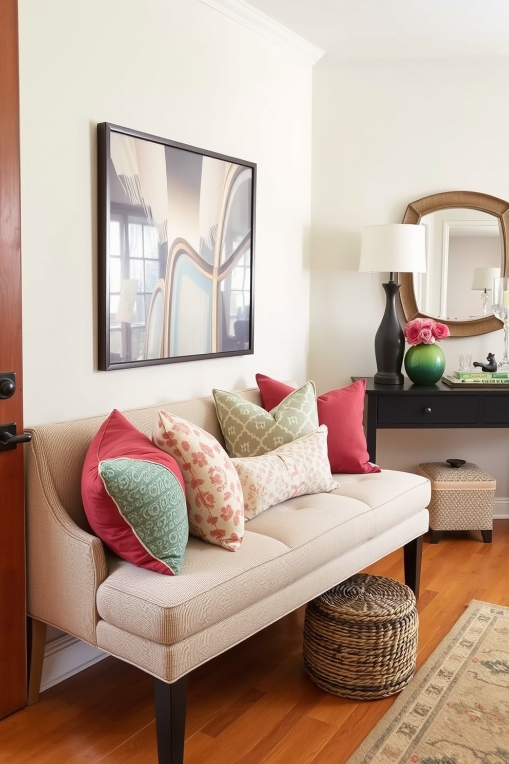 Cushioned seating with throw pillows creates a welcoming atmosphere in the townhouse entryway. The seating area features a plush bench adorned with an assortment of colorful throw pillows, inviting guests to sit and relax. The walls are painted in a soft, neutral tone that complements the warm wooden flooring. A stylish console table is placed nearby, adorned with decorative items and a mirror that enhances the sense of space.