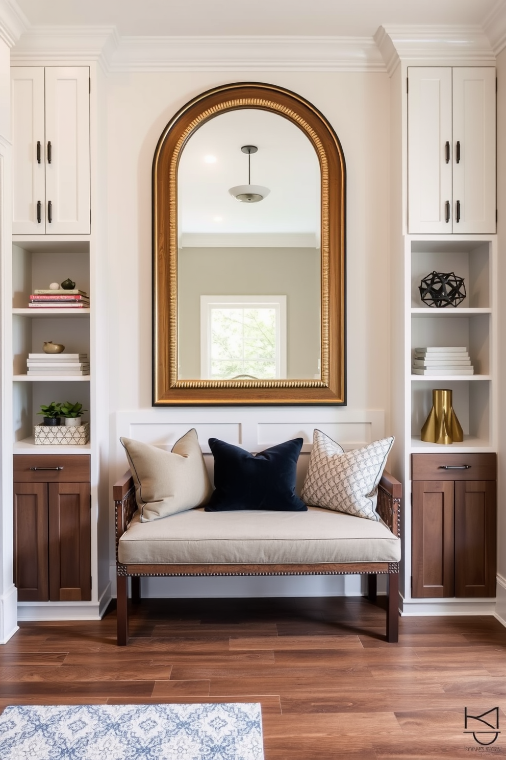 Custom built-ins designed to maximize space create a seamless and functional entryway. The built-ins feature a combination of open shelving and closed cabinetry, providing ample storage while maintaining an airy feel. The entryway is adorned with a stylish bench for seating, complemented by decorative pillows. A large mirror above the bench enhances the sense of space and reflects natural light.