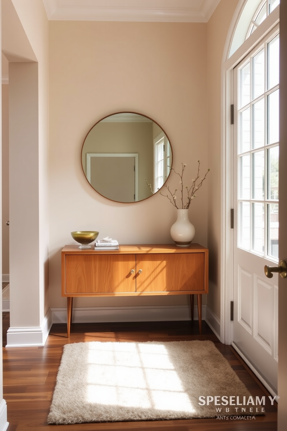 A serene townhouse entryway featuring a neutral color palette that promotes a calming atmosphere. The walls are painted in soft beige, with a warm wooden console table positioned against them. A large round mirror with a minimalist frame hangs above the console, reflecting natural light from the nearby window. A plush area rug in muted tones lies underfoot, adding texture and warmth to the space.