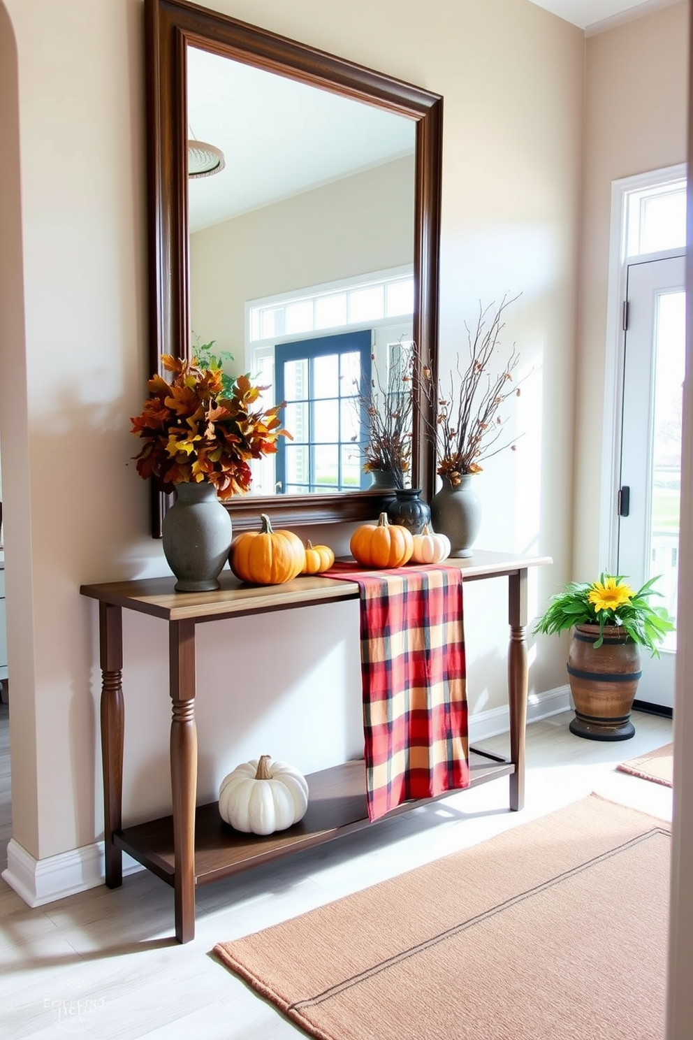 A bright and inviting entryway with seasonal decor that reflects the warmth of autumn. There are decorative pumpkins and gourds arranged on a wooden console table, complemented by a cozy plaid runner. The walls are painted in a soft beige, creating a neutral backdrop for the vibrant seasonal accents. A large framed mirror hangs above the console, reflecting the natural light coming from a nearby window.