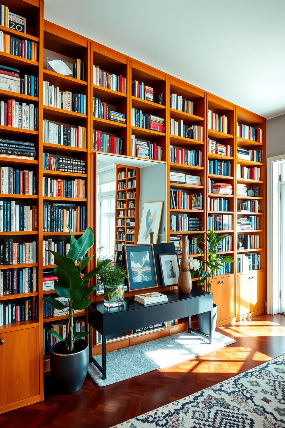 A stylish townhouse entryway features floor-to-ceiling bookshelves that create a stunning visual impact. The shelves are filled with an eclectic mix of books and decorative items, framed by warm wood tones that complement the overall aesthetic. A sleek console table sits beneath a large mirror, reflecting the natural light that floods the space. Potted plants and a contemporary art piece add a touch of greenery and personality to the entryway, inviting guests into the home.