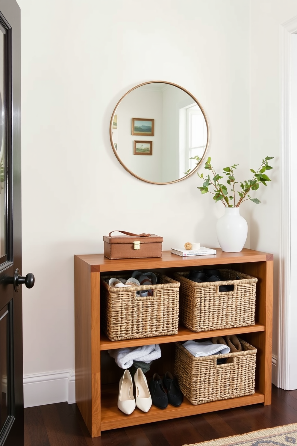 A stylish townhouse entryway features woven baskets neatly arranged on a wooden shelf, providing organized storage for shoes and accessories. The walls are painted in a soft neutral tone, complemented by a round mirror that adds depth and brightness to the space.