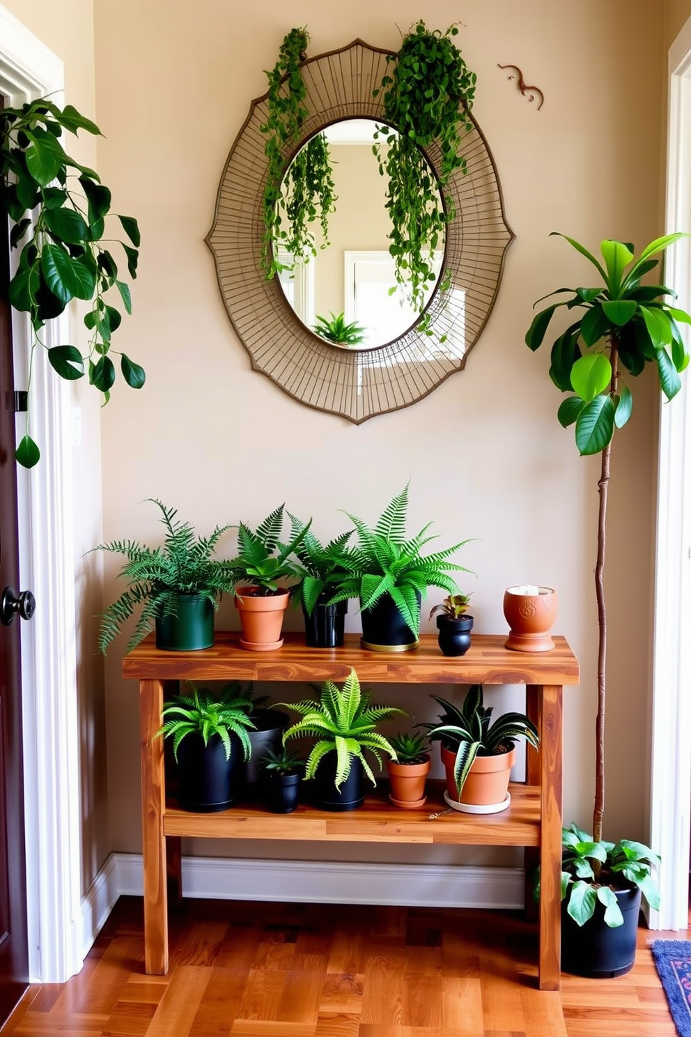 Indoor plants are strategically placed throughout the entryway, creating a vibrant and refreshing atmosphere. The space features a stylish console table made of reclaimed wood, adorned with potted ferns and succulents. The walls are painted in a soft beige, complementing the natural greenery. A decorative mirror hangs above the console, reflecting the lush plants and enhancing the sense of space.