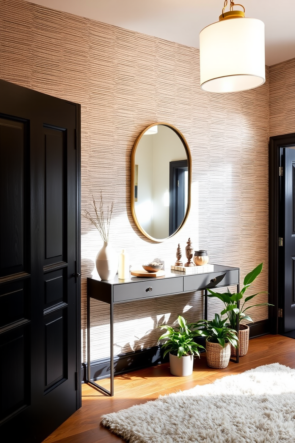 Textured wallpaper adorns the walls of a stylish townhouse entryway, creating a warm and inviting atmosphere. A sleek console table sits against the wall, topped with decorative items and a statement mirror that reflects natural light. The entryway features a plush area rug that adds comfort underfoot, while a stylish pendant light hangs from the ceiling, illuminating the space. Potted plants placed strategically near the entrance bring a touch of greenery and freshness to the design.