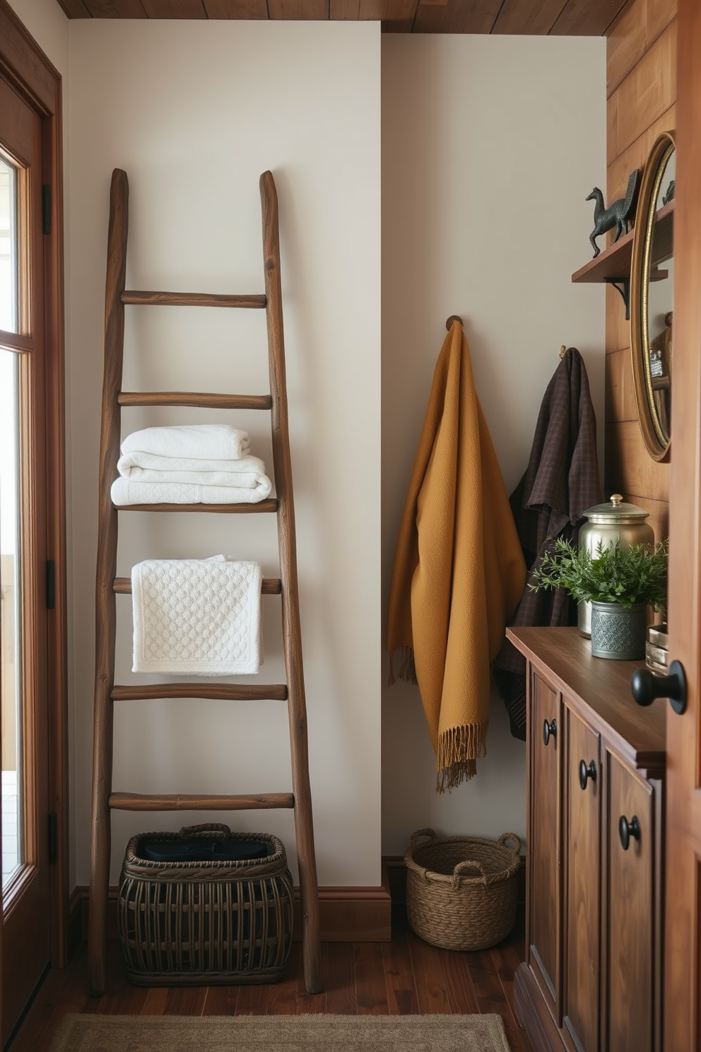 A rustic wooden ladder leans against the wall, adorned with neatly folded towels and cozy blankets. The entryway features warm wood tones and a combination of vintage and contemporary decor elements, creating an inviting atmosphere.