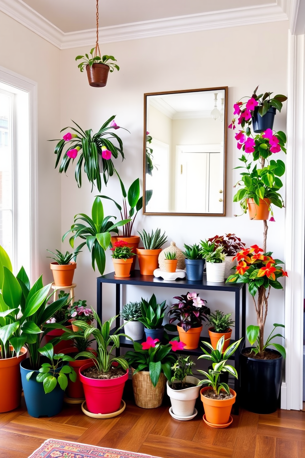 A vibrant entryway filled with colorful potted plants in various sizes and shapes. The space features a stylish console table against the wall, adorned with decorative items and a large mirror above it.