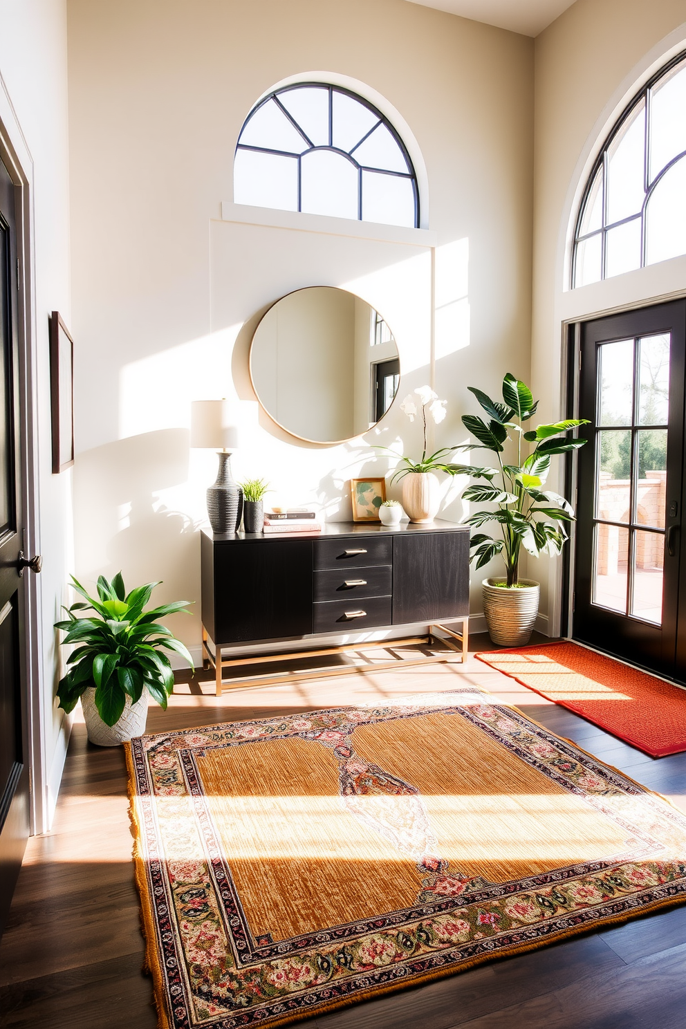 Bright area rug to add warmth. The entryway features a stylish console table against the wall, complemented by a round mirror above it. Natural light floods in through large windows, illuminating the space. Potted plants are strategically placed to enhance the welcoming atmosphere.