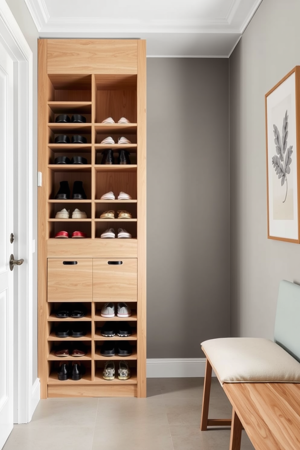 A stylish townhouse entryway featuring vertical shoe storage designed for optimal space efficiency. The storage unit is crafted from light wood and incorporates sleek, modern lines, with a variety of compartments for different shoe sizes. The walls are painted in a soft gray hue, creating a welcoming atmosphere. A minimalist bench with a plush cushion is positioned beside the shoe storage, providing a comfortable spot to sit while putting on shoes.