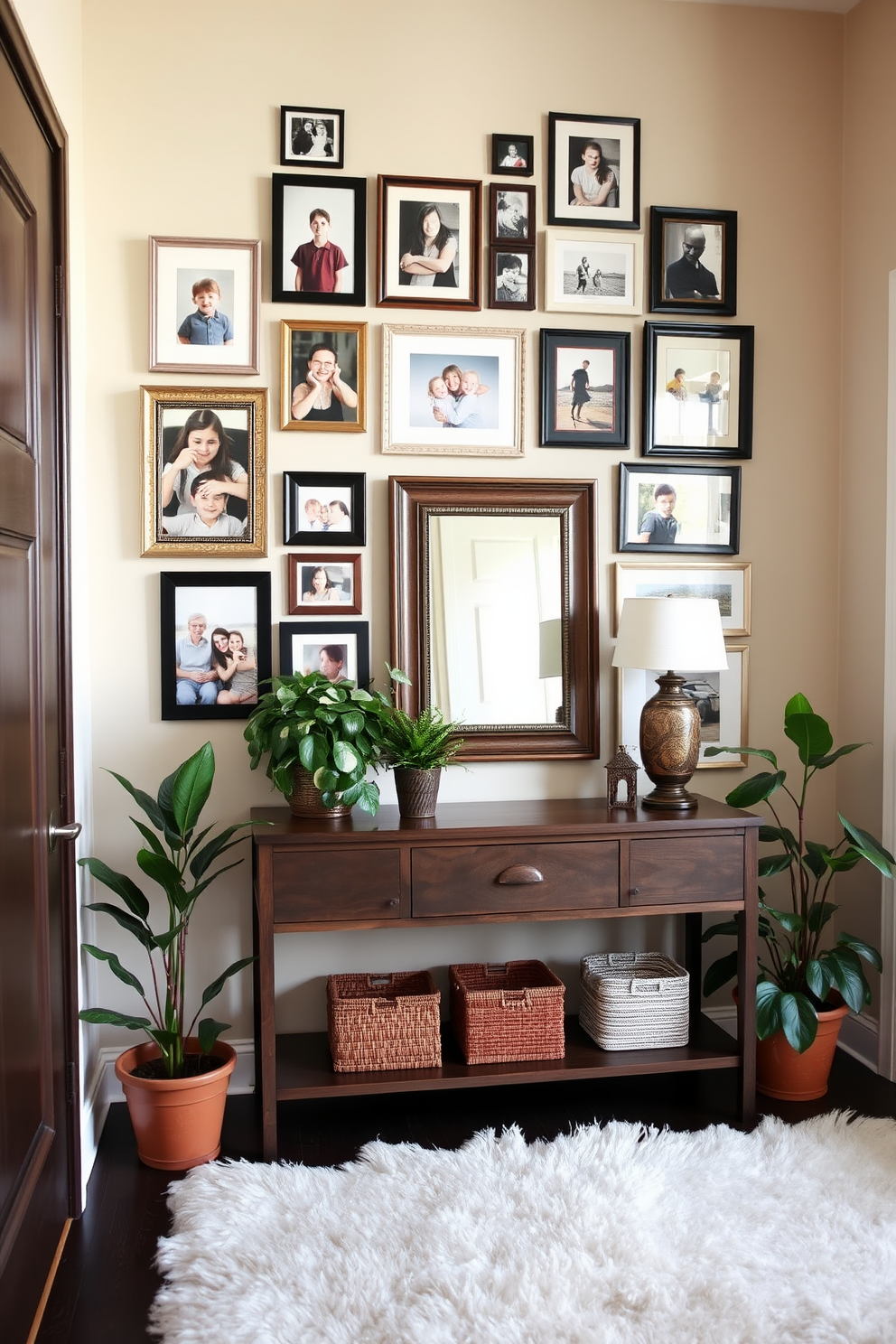 A gallery wall adorned with family photos creates a warm and inviting atmosphere. The frames vary in size and style, blending classic and modern elements to showcase cherished memories. The townhouse entryway features a stylish console table with a decorative mirror above it. A plush area rug anchors the space, while potted plants add a touch of greenery and life.