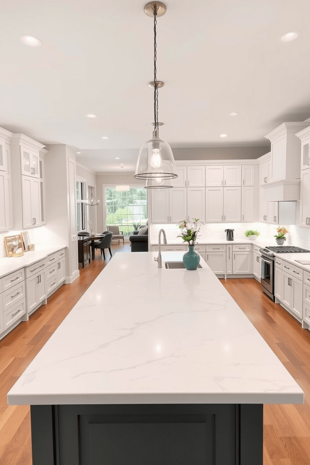 An open concept townhouse kitchen featuring a large central island with seating for four. The island is topped with a sleek quartz surface and illuminated by modern pendant lights hanging overhead. Surrounding the island, the kitchen boasts custom cabinetry in a soft white finish, complemented by brushed nickel hardware. A spacious layout allows for seamless flow between the kitchen, dining, and living areas, creating an inviting atmosphere.