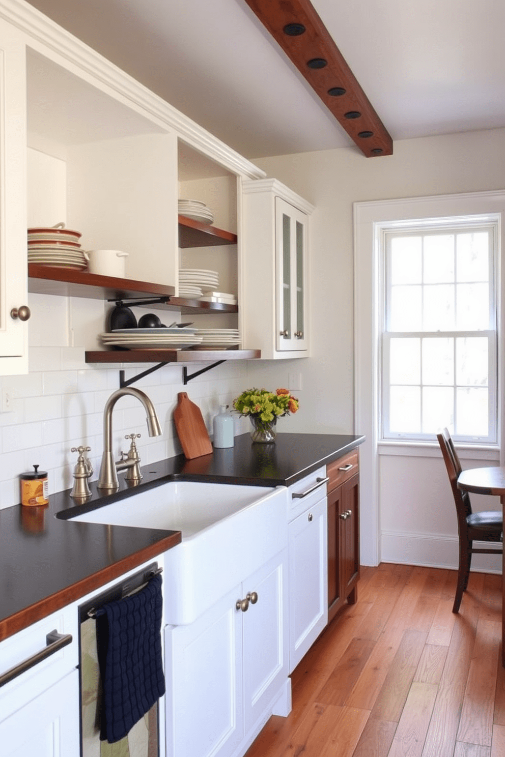 A charming townhouse kitchen featuring a farmhouse sink with vintage-style faucets. The cabinetry is painted in a soft white, complemented by a dark wood island that adds warmth to the space. Open shelving displays rustic dishware, while a large window allows natural light to flood the room. The floor is adorned with wide plank hardwood, enhancing the inviting atmosphere of the kitchen.