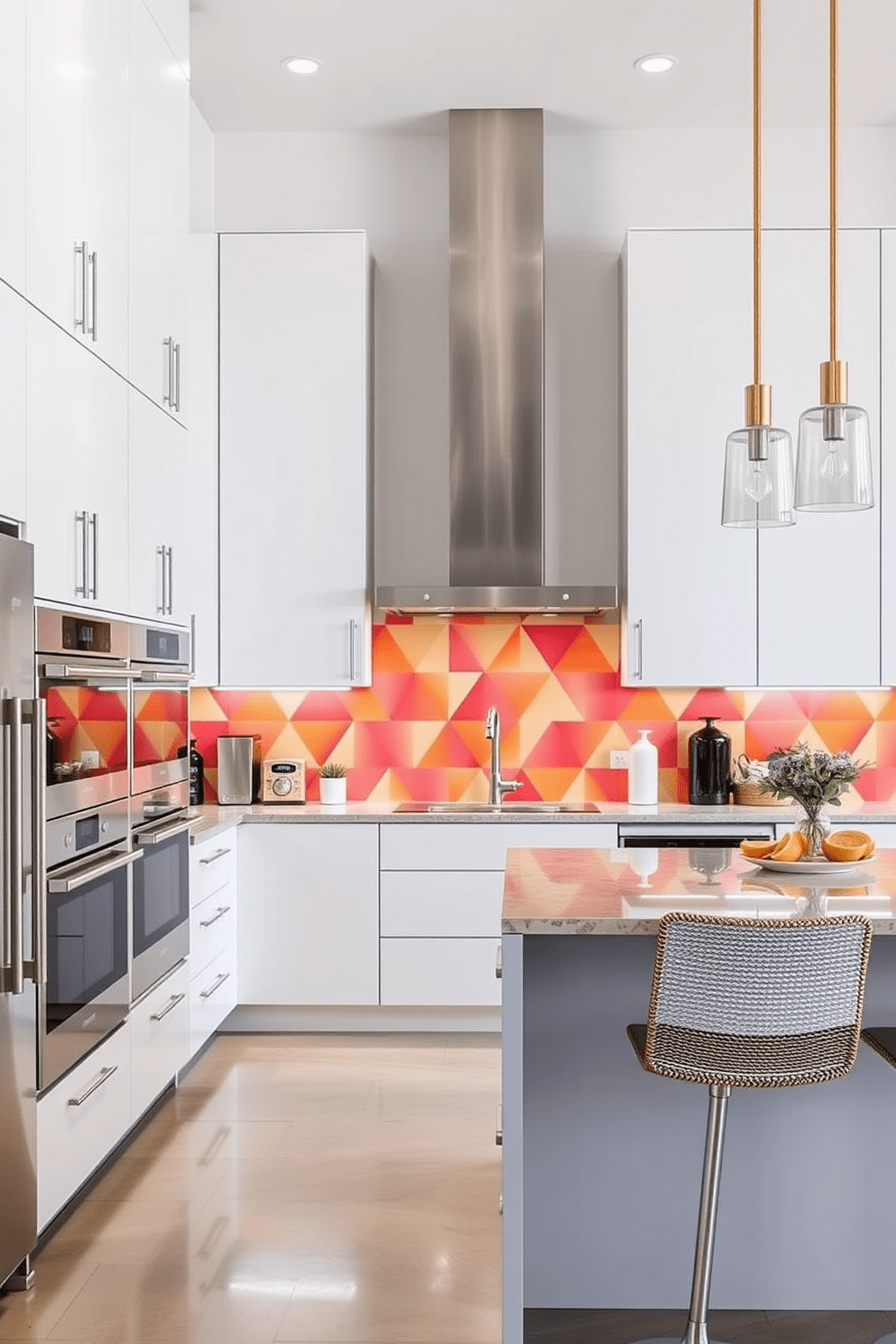 A modern townhouse kitchen featuring a bold backsplash with geometric patterns in vibrant colors. The cabinetry is sleek and minimalistic, complemented by stainless steel appliances and a large central island with bar seating.