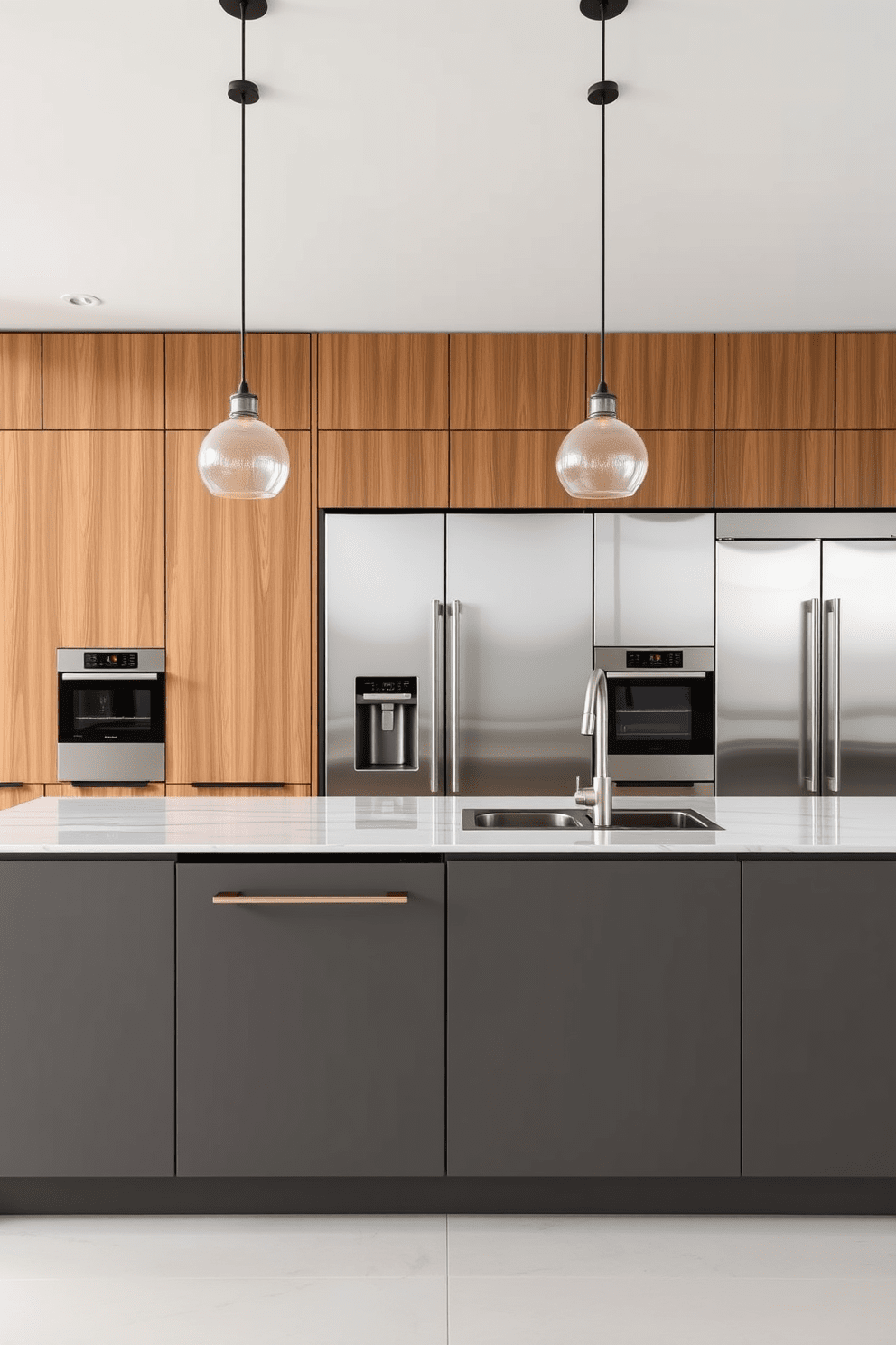 A modern townhouse kitchen featuring integrated appliances for a seamless look. The cabinetry is sleek and minimalist with a matte finish, blending perfectly with the built-in refrigerator and dishwasher. A large island serves as a central gathering space, topped with a quartz countertop that contrasts with the warm wooden cabinetry. Pendant lights hang above the island, providing both illumination and a touch of elegance.