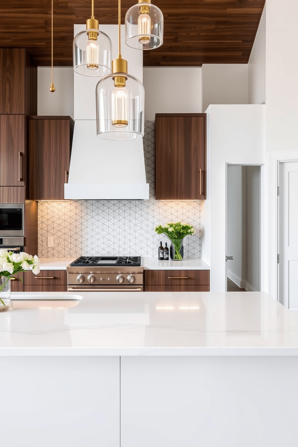 A modern townhouse kitchen featuring a large island with a sleek countertop. Above the island, elegant pendant lights hang, casting a warm glow over the space. The cabinetry is a blend of dark wood and white finishes, creating a striking contrast. A stylish backsplash with geometric tiles adds texture and visual interest to the overall design.