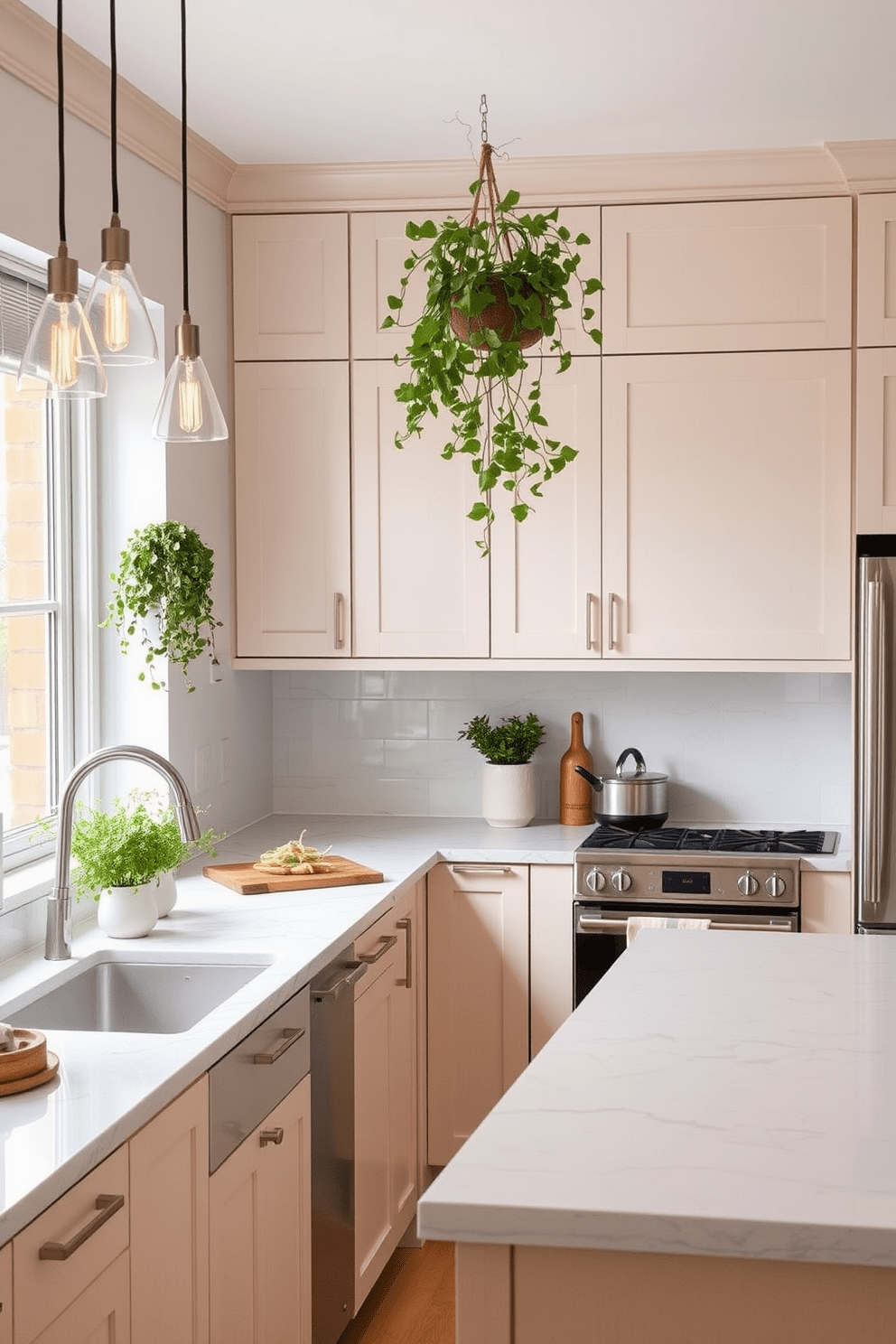 A modern townhouse kitchen featuring neutral tones throughout. The cabinetry is a soft beige, complemented by a white quartz countertop and a stylish backsplash with subtle textures. Pops of greenery are introduced with potted herbs on the windowsill and a hanging plant above the island. The space is illuminated by pendant lights that add warmth, creating an inviting atmosphere for cooking and entertaining.