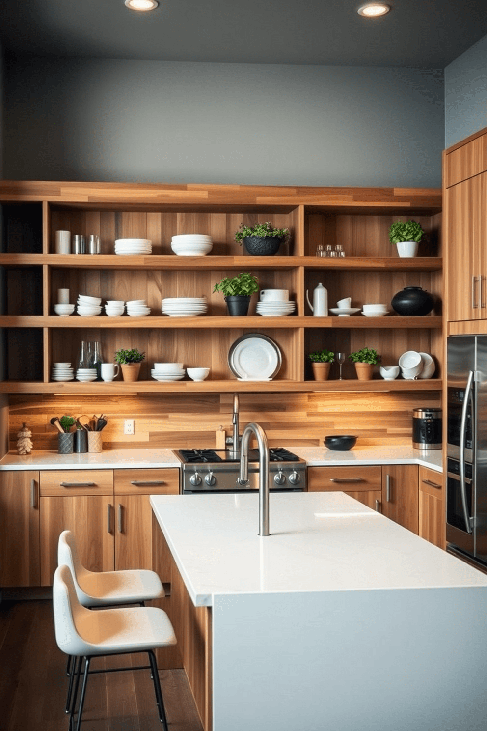 A modern townhouse kitchen featuring open shelving that allows for easy access to everyday items. The shelves are crafted from reclaimed wood, displaying neatly organized dishware and potted herbs for a touch of greenery. The kitchen has a spacious layout with a large island in the center, topped with a sleek quartz surface. Stainless steel appliances complement the warm tones of the cabinetry, creating a welcoming atmosphere for cooking and entertaining.