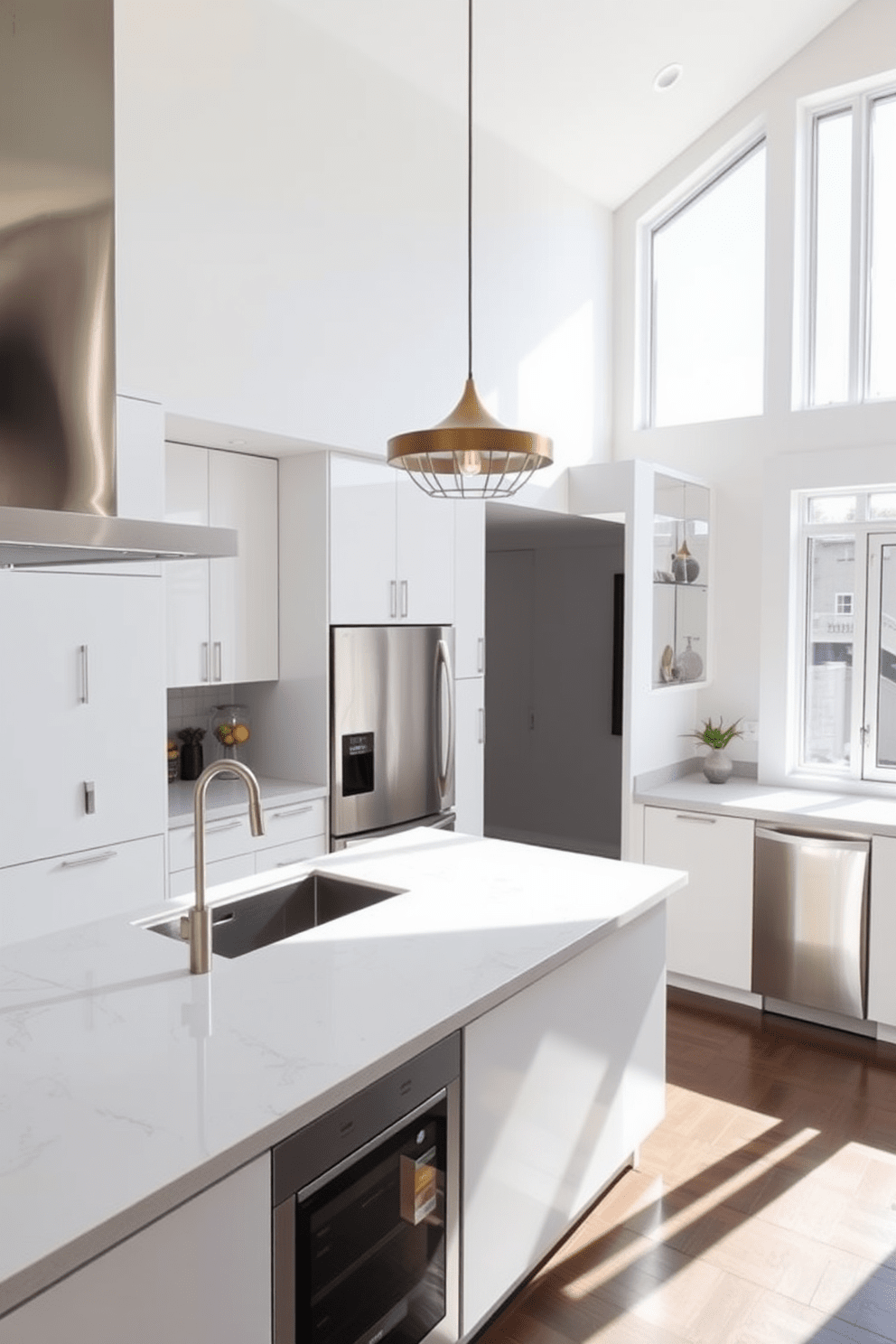 A contemporary townhouse kitchen features sleek stainless steel appliances and fixtures that enhance the modern aesthetic. The cabinetry is a crisp white, complemented by a large island with a quartz countertop, ideal for both cooking and entertaining. Natural light floods the space through large windows, illuminating the minimalist decor and open layout. A stylish pendant light hangs above the island, adding a touch of elegance to the functional design.