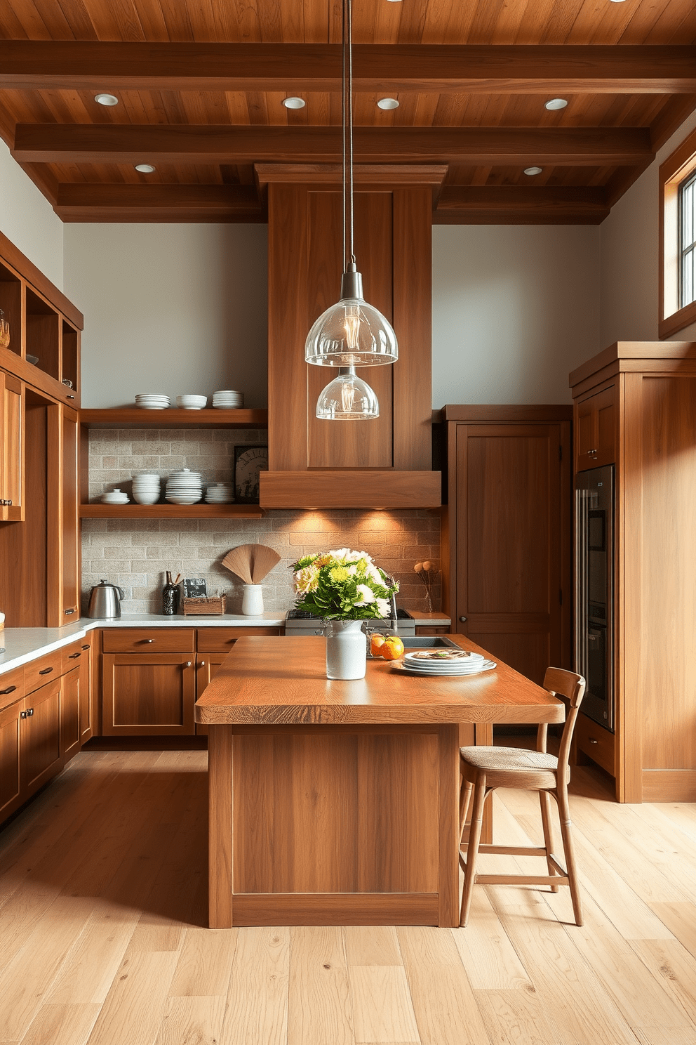 Warm wood tones create a welcoming atmosphere in this townhouse kitchen. The cabinetry features rich, natural finishes that complement the spacious layout and inviting design. A large island with a wooden countertop serves as the centerpiece, providing ample space for cooking and entertaining. Pendant lights hang above, adding warmth and sophistication to the overall aesthetic. Open shelving showcases curated dishware and decorative accents, enhancing the kitchen's charm. The combination of warm wood tones and soft lighting creates a cozy yet stylish environment for family gatherings.