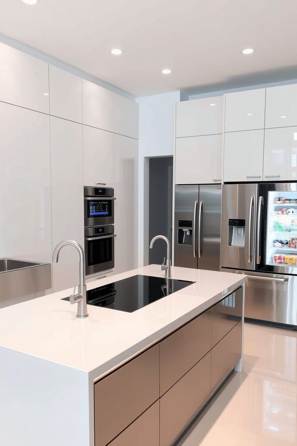 A modern townhouse kitchen featuring smart technology for convenience. The kitchen is equipped with a sleek island that includes a built-in induction cooktop and touch-activated faucets. The cabinetry is minimalist with high-gloss finishes and integrated lighting. Stainless steel appliances are seamlessly incorporated, and a smart refrigerator displays recipes and grocery lists.