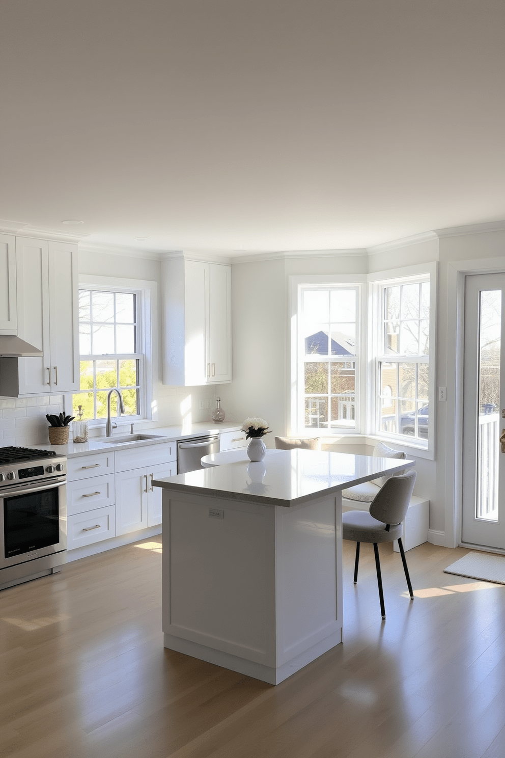 Bright and airy townhouse kitchen with large windows allowing natural light to flood the space. The design features sleek white cabinetry paired with a spacious island topped with a light marble surface. Sunlight reflects off stainless steel appliances, enhancing the modern aesthetic. A cozy breakfast nook with a round table and comfortable chairs sits beside the windows, perfect for casual dining.