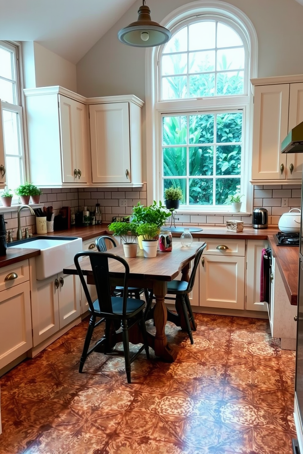 A charming townhouse kitchen featuring vintage tiles that add character to the space. The cabinetry is a soft cream color with brass hardware, complemented by a farmhouse sink and a large window that lets in natural light. The countertops are made of reclaimed wood, providing warmth and texture. A rustic dining table with mismatched chairs sits in the center, surrounded by potted herbs for a touch of greenery.