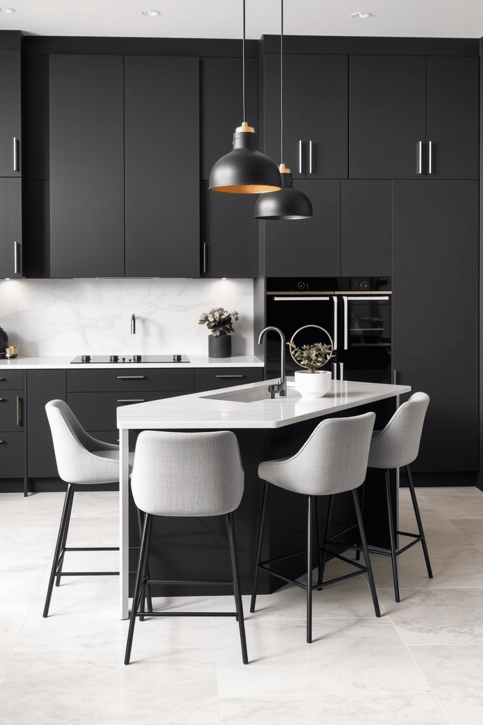 A sleek townhouse kitchen featuring a monochromatic color scheme in various shades of gray. The cabinetry is a deep charcoal with minimalist handles, complemented by a light gray marble countertop and matching backsplash. The kitchen island stands out with a contrasting white quartz surface, surrounded by high-backed stools in a soft gray fabric. Pendant lights with a matte black finish hang above the island, adding a touch of elegance to the sophisticated design.