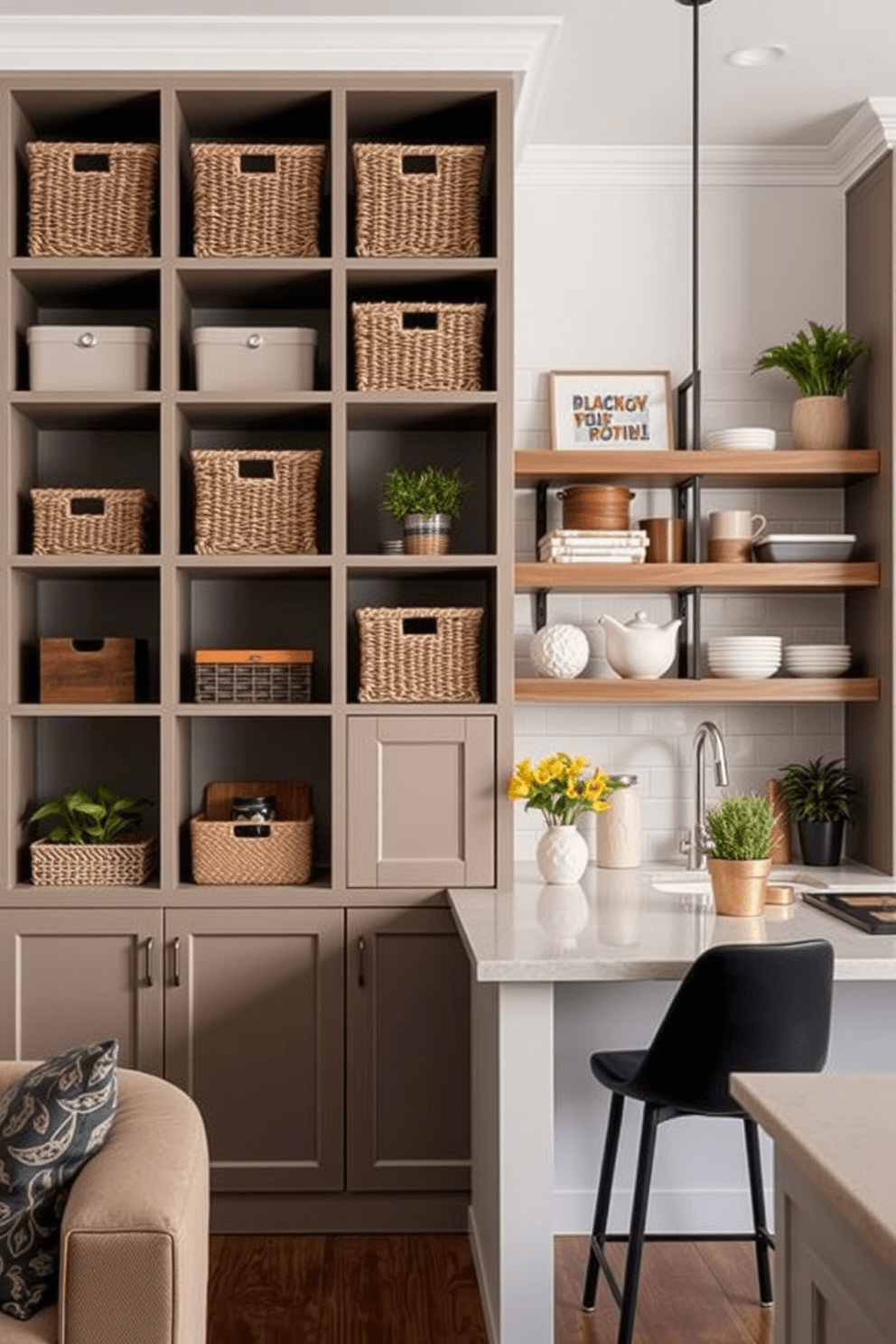 Creative storage solutions in small spaces. Imagine a compact living area featuring built-in shelving units that maximize vertical space, with decorative baskets and boxes for organization. Townhouse Kitchen Design Ideas. Visualize a modern kitchen with sleek cabinetry, an island with bar seating, and open shelving displaying stylish dishware and plants.