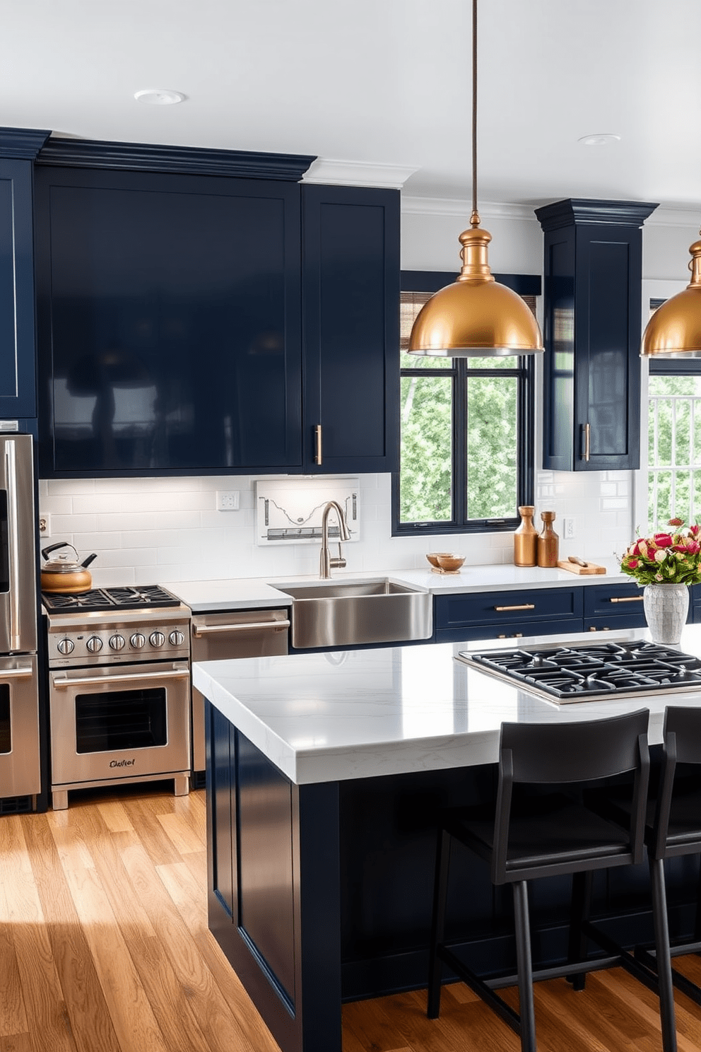 A spacious chef's kitchen featuring professional-grade stainless steel appliances including a double oven and a six-burner gas range. The kitchen island is topped with a thick slab of quartz and includes bar seating for four, surrounded by sleek, modern cabinetry in a rich navy blue. The backsplash is made of glossy white subway tiles that reflect the light, enhancing the airy feel of the space. Large windows above the farmhouse sink offer views of the garden, while pendant lights with warm brass finishes hang above the island, creating a welcoming atmosphere.