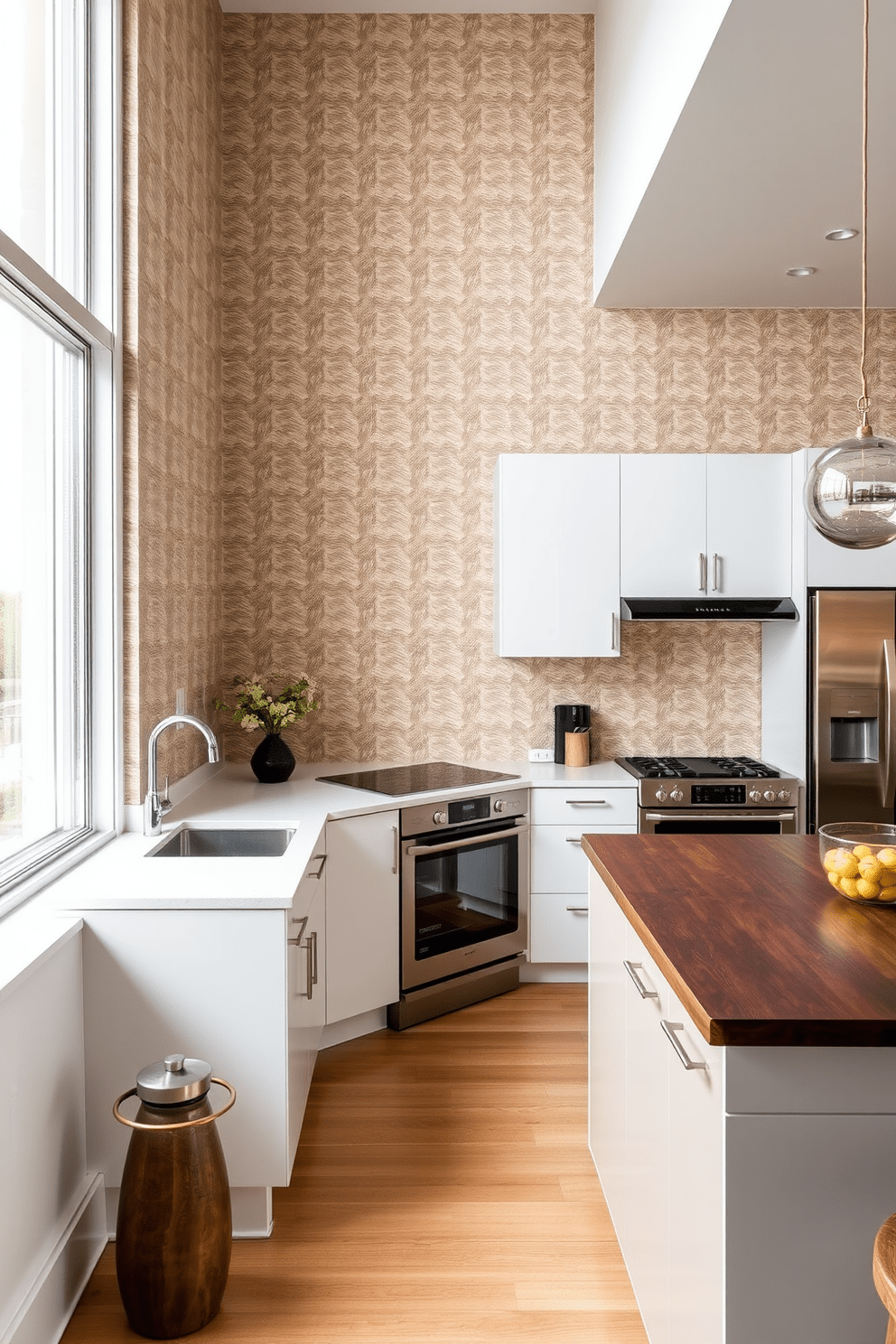 A modern townhouse kitchen featuring textured wallpaper that adds visual interest to the space. The cabinetry is sleek and white, complemented by a large island with a contrasting dark wood finish. Natural light floods the room through oversized windows, highlighting the subtle patterns in the wallpaper. Stainless steel appliances and minimalist fixtures create a sophisticated yet functional cooking environment.