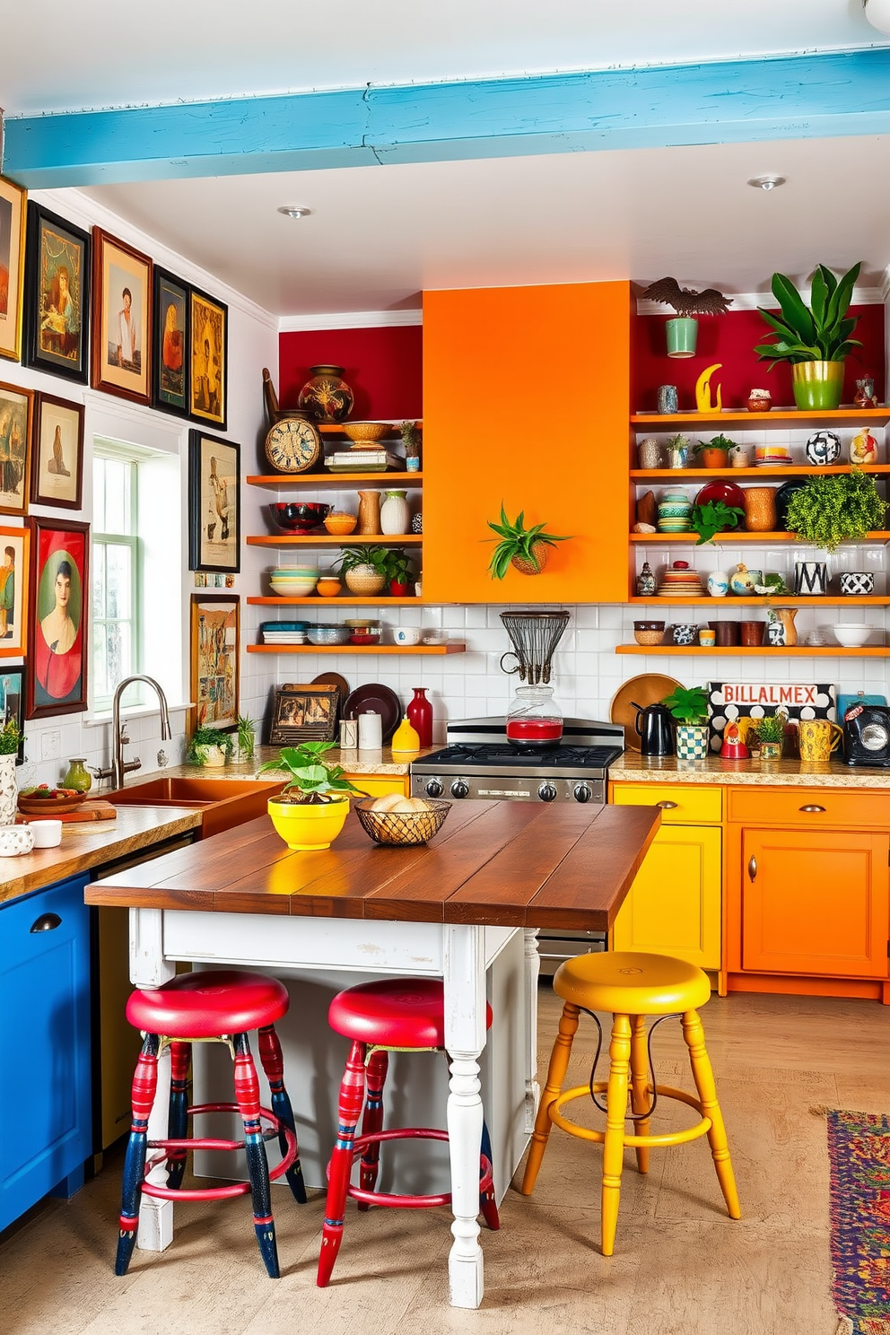 An eclectic kitchen design filled with unique art pieces and vibrant colors. The walls are adorned with a mix of framed artwork and bold textiles, creating an inviting atmosphere. The kitchen features a large island with a distressed wooden countertop and colorful bar stools. Open shelving displays an array of quirky ceramics and plants, while the cabinetry combines various finishes for a playful yet cohesive look.