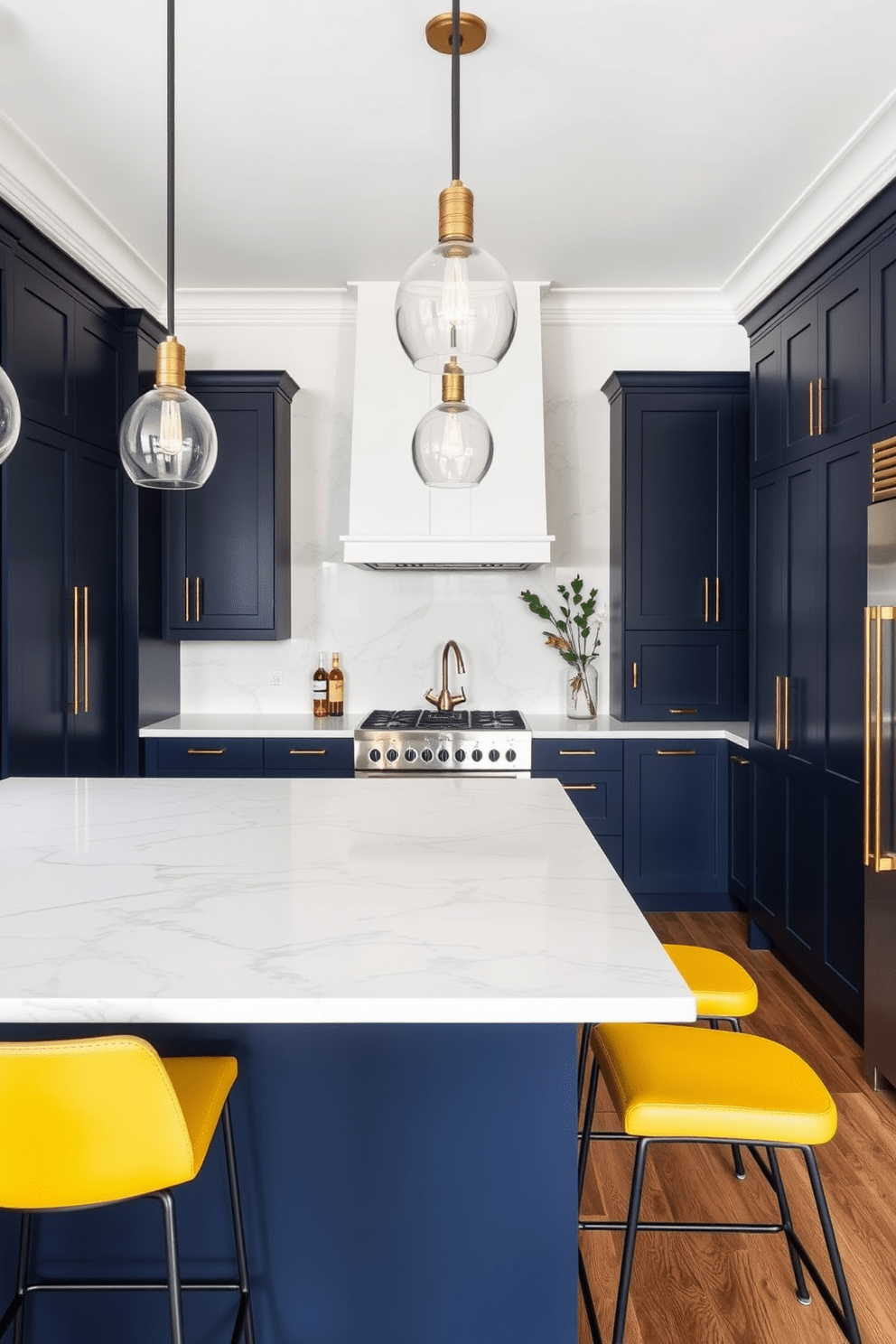 A modern townhouse kitchen with bold color cabinetry in deep navy blue. The cabinetry features sleek gold handles and is complemented by a white marble backsplash and countertop. An oversized island sits at the center, adorned with stylish bar stools in a vibrant yellow. Warm wood accents and pendant lighting create a cozy yet contemporary atmosphere.