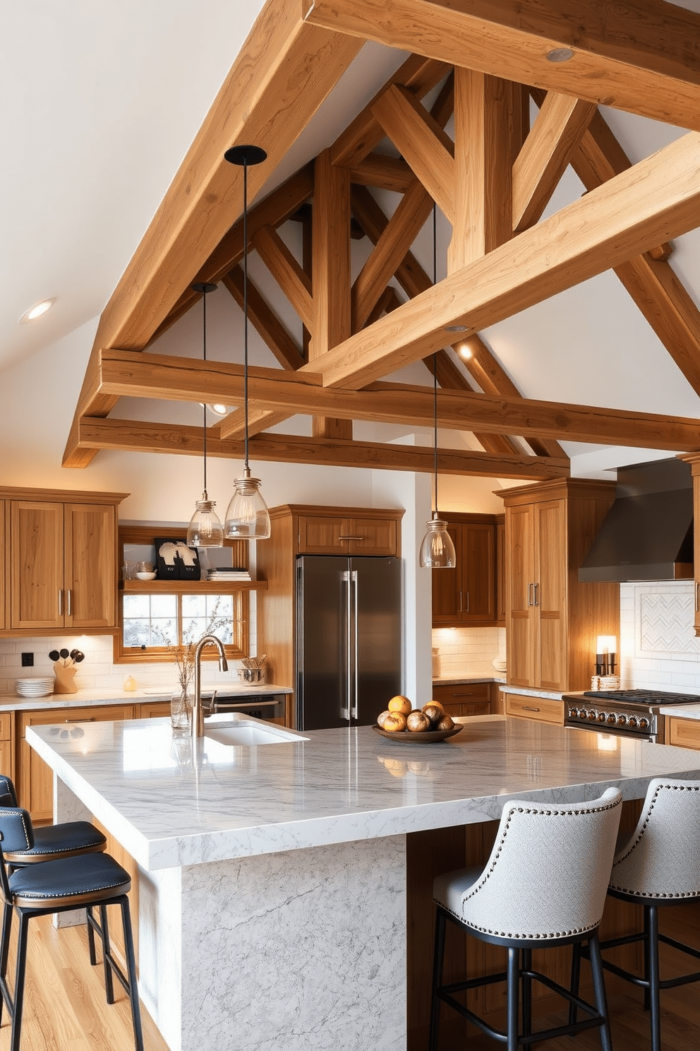 A cozy townhouse kitchen featuring rustic wood beams that contrast beautifully with sleek modern fixtures. The space includes a large island with a polished stone countertop, surrounded by stylish bar stools and warm ambient lighting.