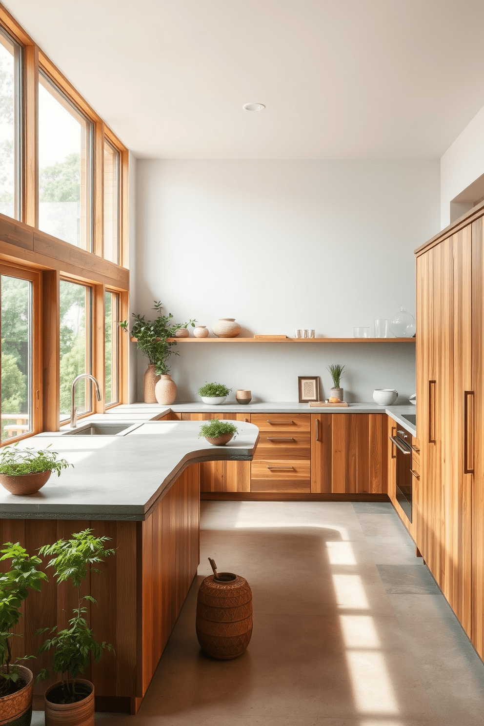 A Zen-inspired kitchen featuring natural materials. The cabinetry is made of reclaimed wood, complemented by a stone countertop and bamboo accents. Large windows allow natural light to flood the space, creating a serene atmosphere. A central island with a waterfall edge serves as both a functional workspace and a gathering spot. Soft earthy tones dominate the color palette, enhancing the tranquil vibe. Potted herbs and simple decor items add a touch of greenery and warmth to the design.