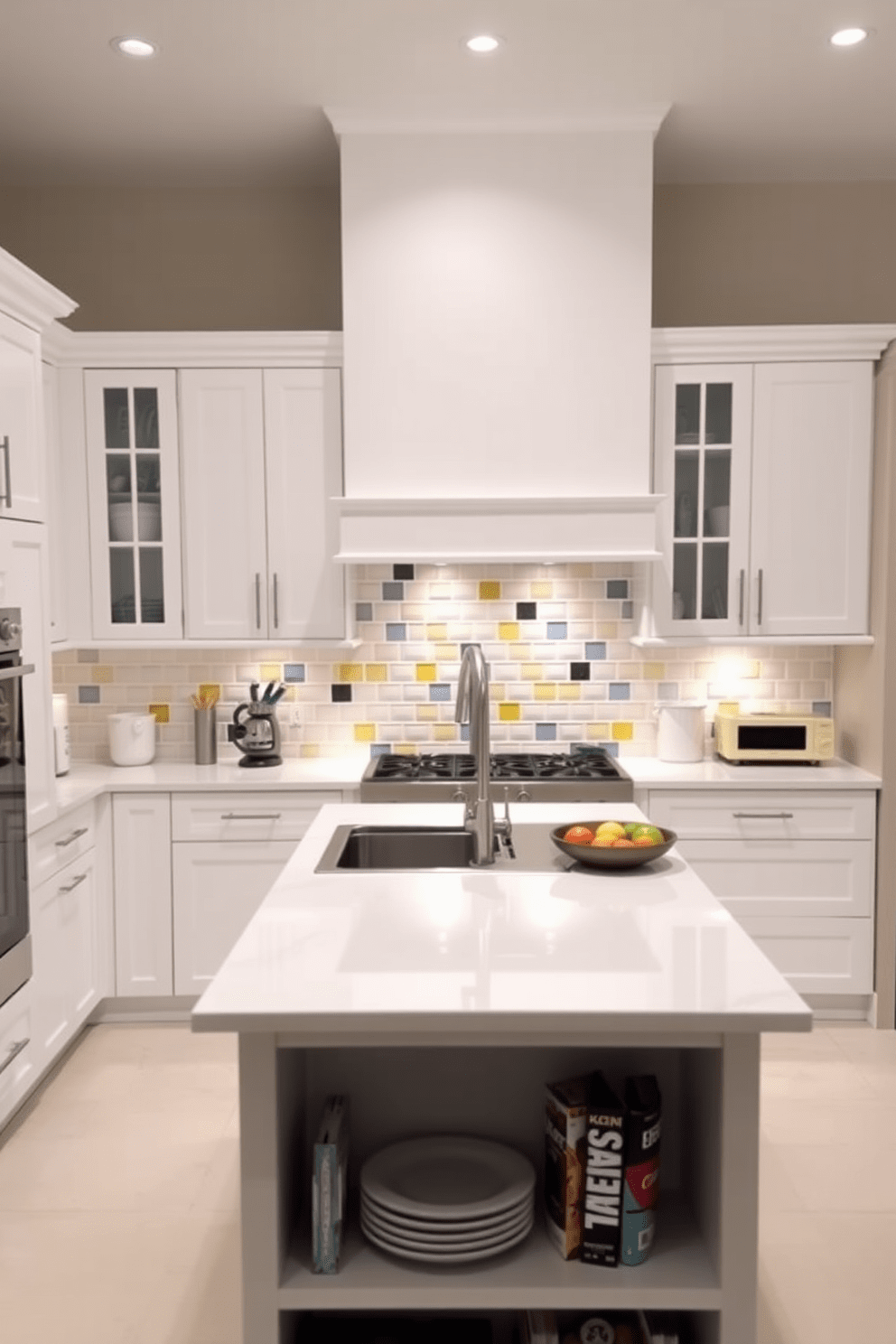 Bright white kitchen with sleek cabinetry and a large island in the center. Colorful accent tiles in shades of blue and yellow are strategically placed on the backsplash and around the island, creating a vibrant focal point.