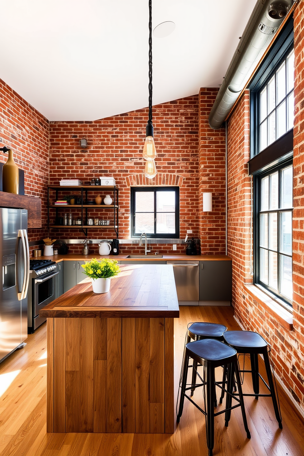 An industrial style townhouse kitchen features exposed brick walls that add character and warmth to the space. The kitchen island, made of reclaimed wood, contrasts beautifully with sleek stainless steel appliances and open shelving. Large windows allow natural light to flood the room, highlighting the combination of metal and wood elements. Pendant lights with Edison bulbs hang above the island, creating a cozy yet modern atmosphere.