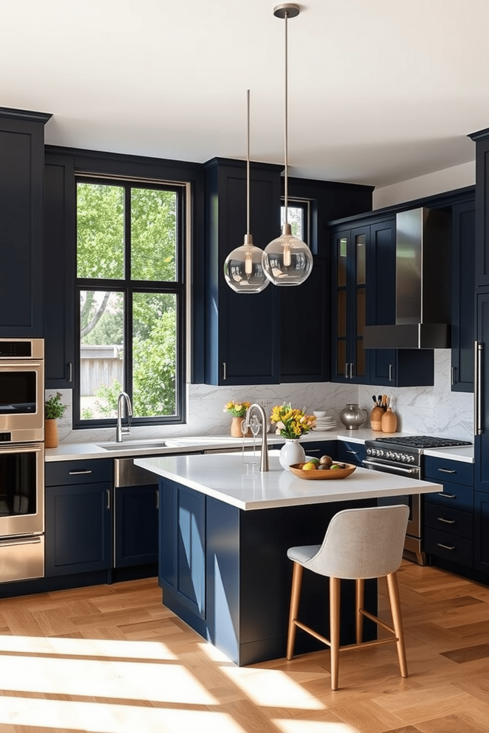 An L-shaped kitchen layout designed for optimal workflow features a spacious island at the center, providing ample counter space for meal preparation. The cabinetry is a mix of deep navy blue and warm wood tones, creating a modern yet inviting atmosphere. Stainless steel appliances are seamlessly integrated into the cabinetry, while pendant lights hang elegantly above the island. Large windows allow natural light to flood the space, highlighting the sleek quartz countertops and stylish backsplash.